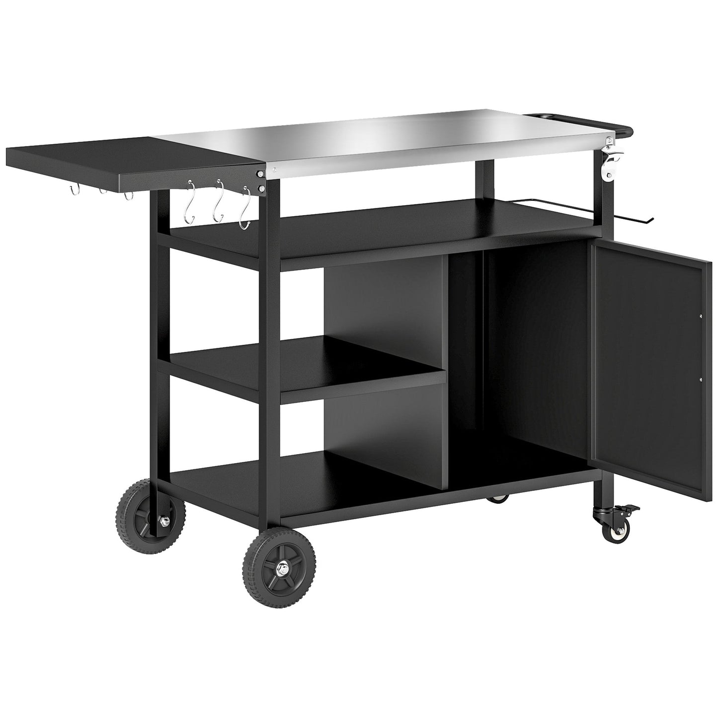 Outdoor BBQ Trolley with Foldable Side Table, Stainless Steel Top, Outdoor Kitchen with Wheels Hooks Shelves Cabinet, Pizza Oven Table Movable Outdoor Grill Dining Cart with Cover, Black
