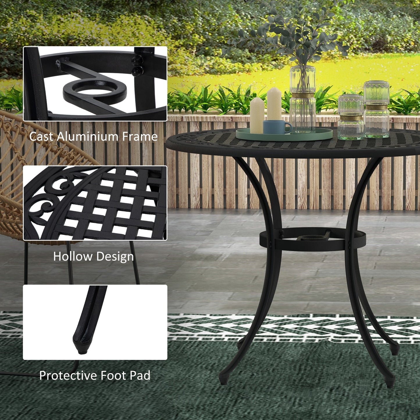 Garden Table with Parasol Hole, 90cm Round Outdoor Dining Table for 2-4, Cast Aluminium Bistro Coffee Table for Balcony - Black