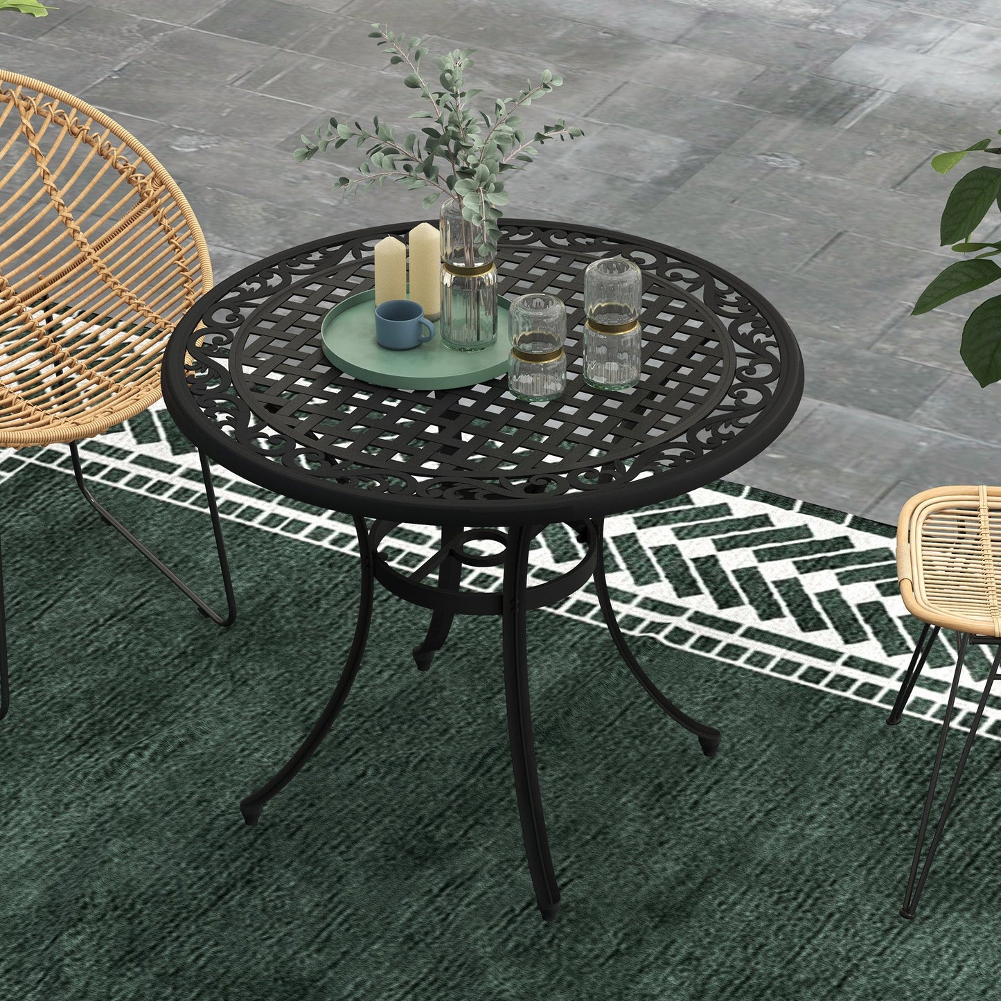 Garden Table with Parasol Hole, 90cm Round Outdoor Dining Table for 2-4, Cast Aluminium Bistro Coffee Table for Balcony - Black