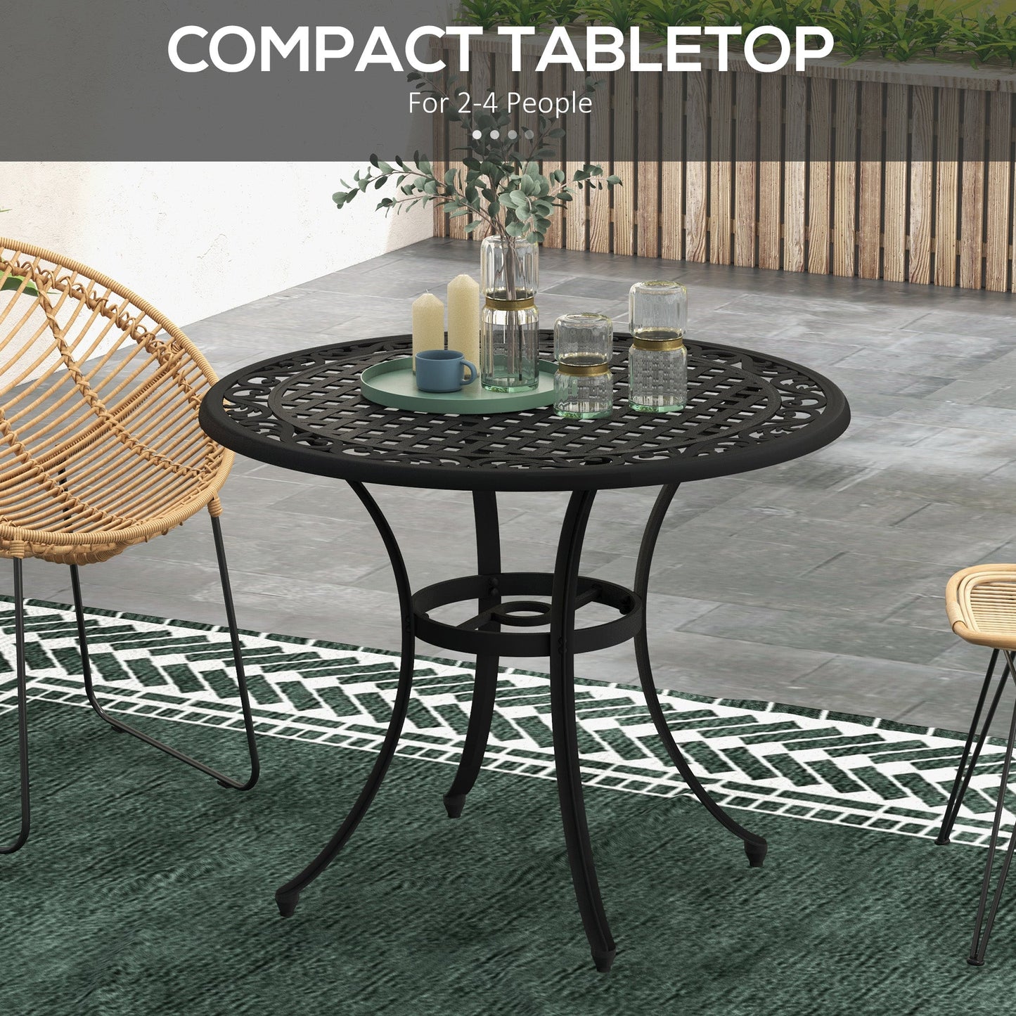 Garden Table with Parasol Hole, 90cm Round Outdoor Dining Table for 2-4, Cast Aluminium Bistro Coffee Table for Balcony - Black