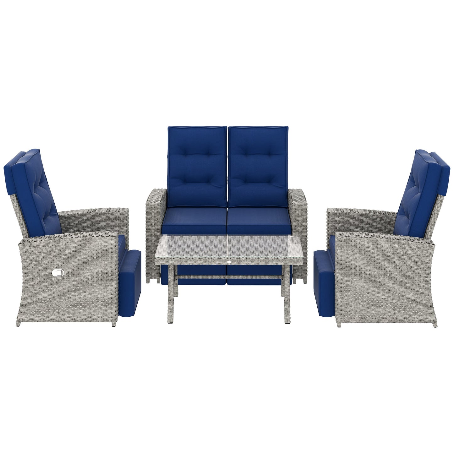 4 Piece Rattan Garden Furniture Set with Adjustable Backrest, Wicker Outdoor Furniture Sofa Set with Loveseat, Reclining Armchairs, Thickened Cushions and Glass Top Table, Navy Blue