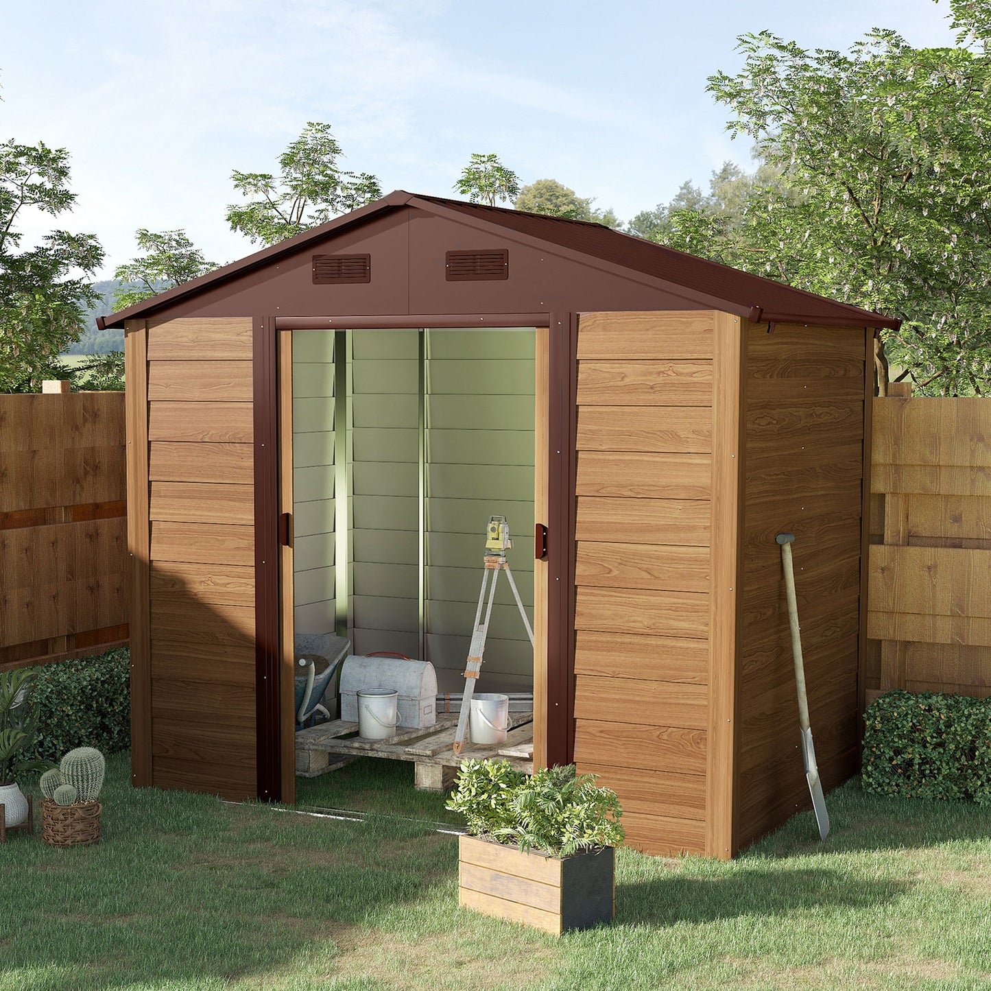 8 x 6ft Garden Metal Storage Shed House Hut Gardening Tool Storage with Kit and Ventilation, Brown