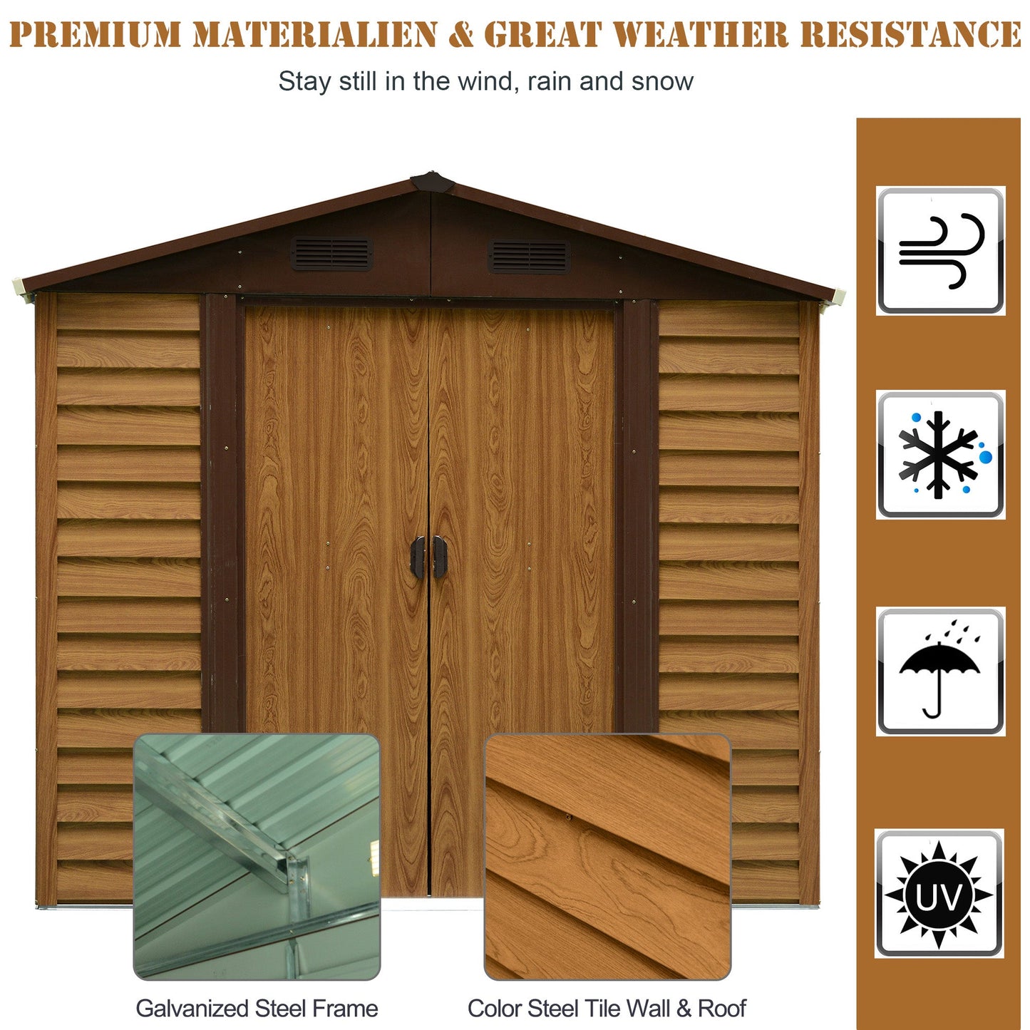 8 x 6ft Garden Metal Storage Shed House Hut Gardening Tool Storage with Kit and Ventilation, Brown