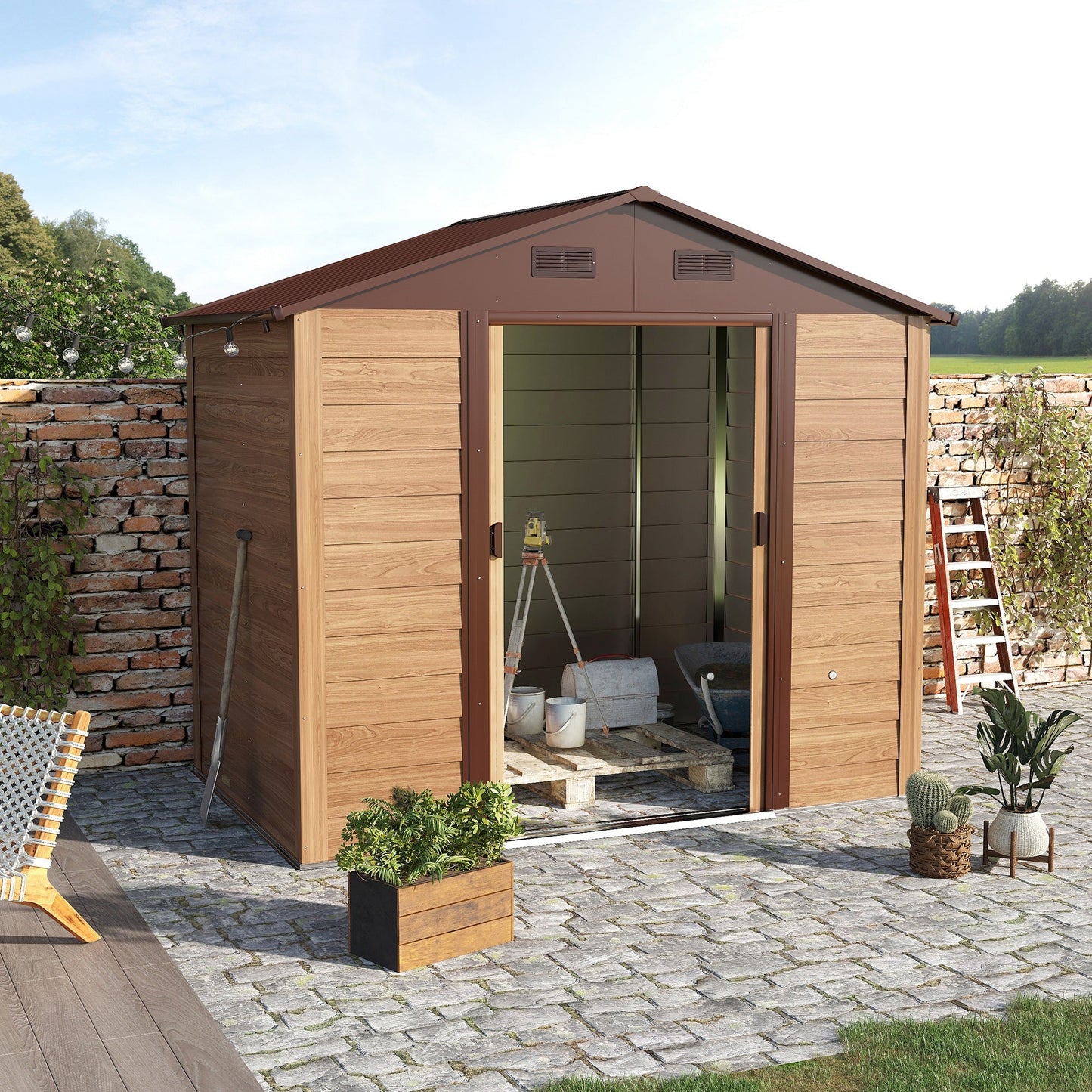 8 x 6ft Garden Metal Storage Shed House Hut Gardening Tool Storage with Kit and Ventilation, Brown