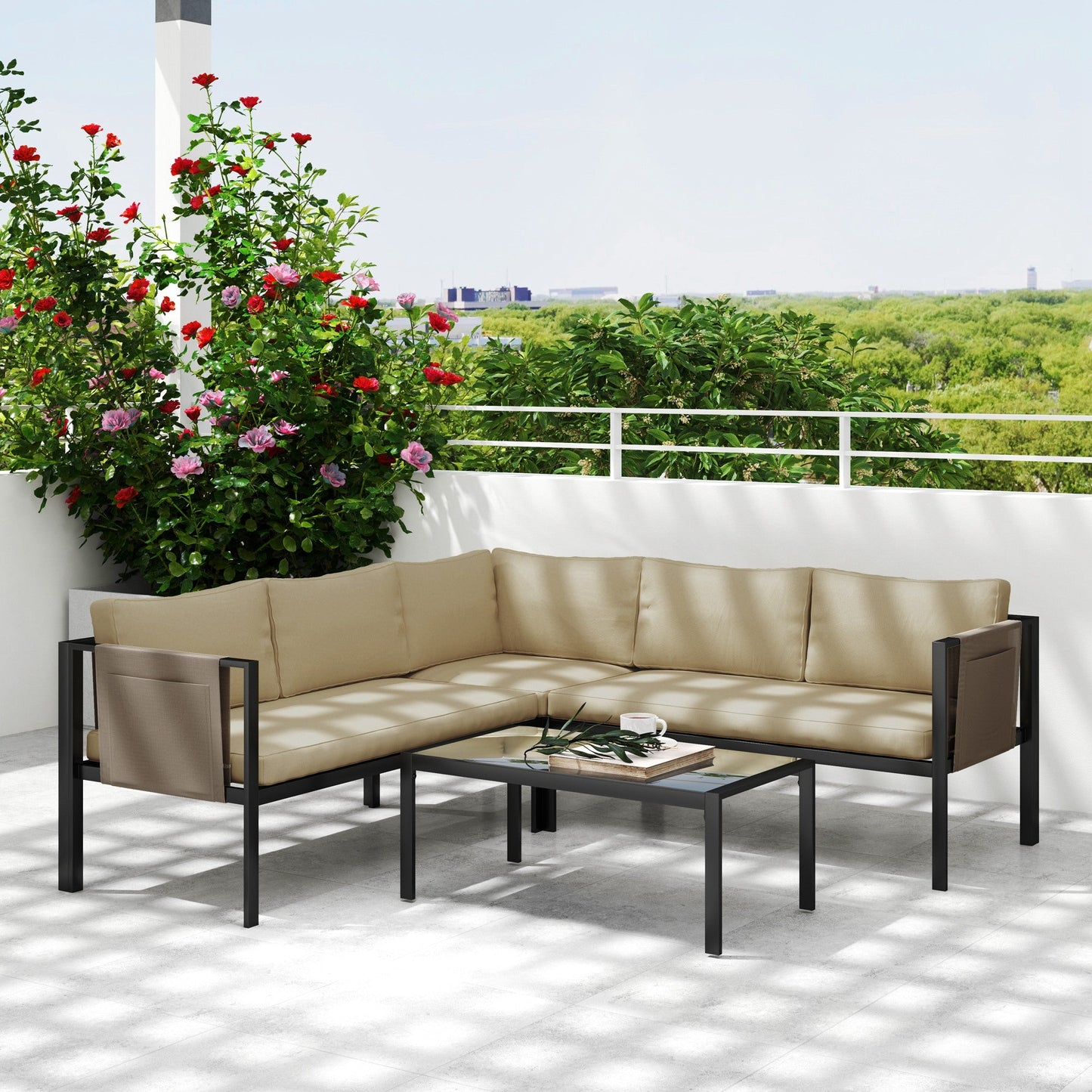 5 Seater Garden Corner Sofa Set, 4 Pieces Metal Garden Furniture Set with Loveseats, Glass Top Coffee Table, Breathable Mesh Pocket, Outdoor Conversation Furniture with Cushions, Khaki