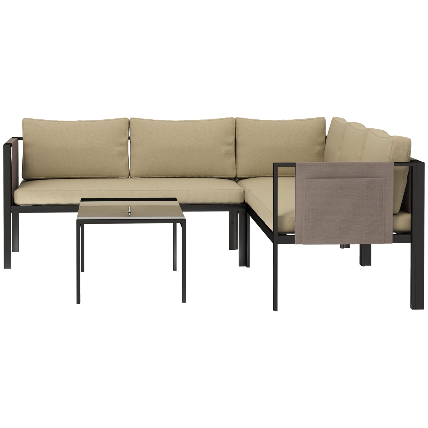 5 Seater Garden Corner Sofa Set, 4 Pieces Metal Garden Furniture Set with Loveseats, Glass Top Coffee Table, Breathable Mesh Pocket, Outdoor Conversation Furniture with Cushions, Khaki