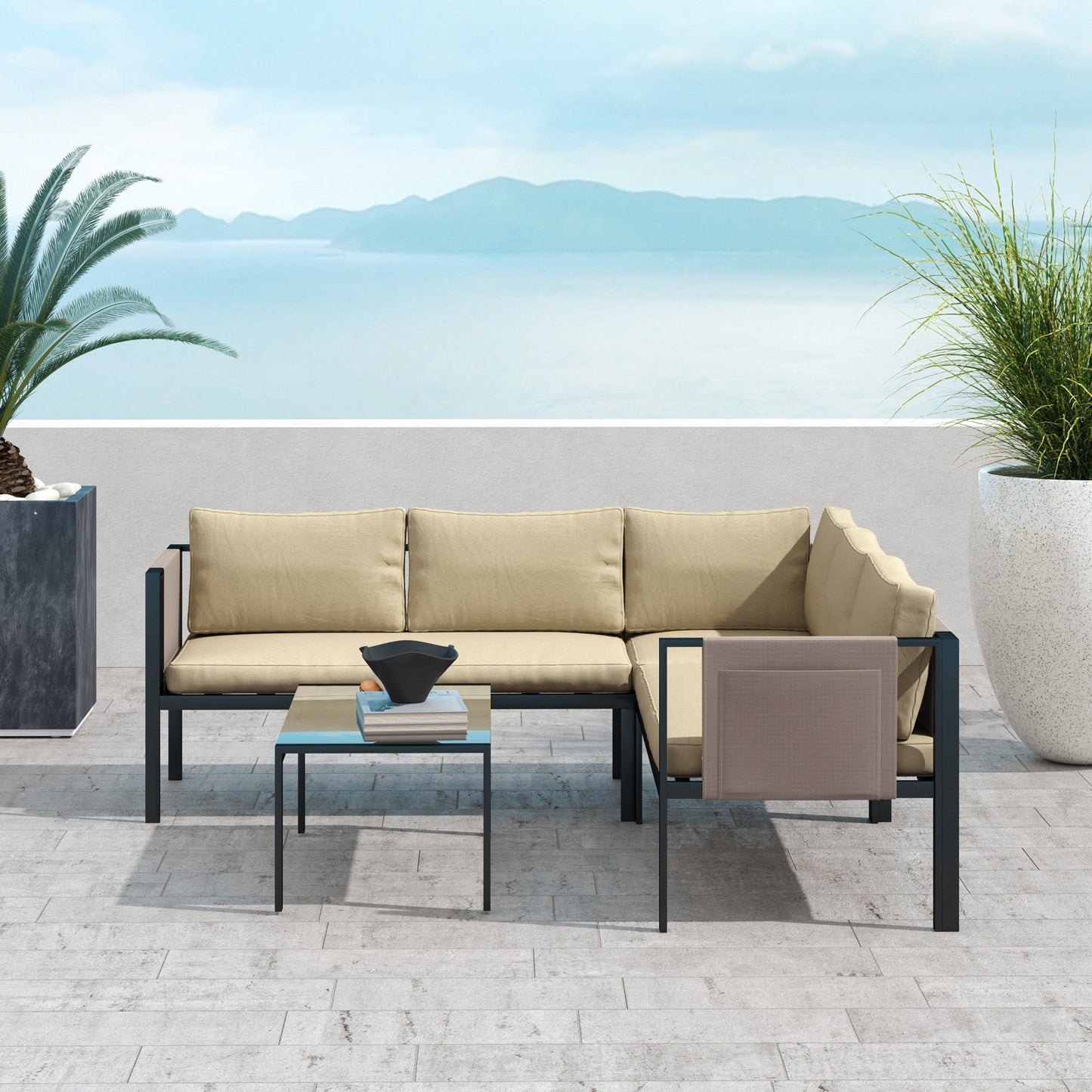 5 Seater Garden Corner Sofa Set, 4 Pieces Metal Garden Furniture Set with Loveseats, Glass Top Coffee Table, Breathable Mesh Pocket, Outdoor Conversation Furniture with Cushions, Khaki