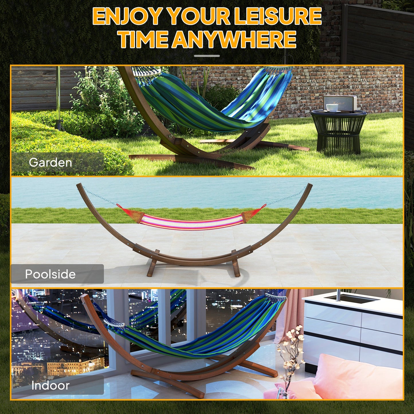 3(m) Wooden Hammock Stand, 1 Person Hammock Frame with Chain and Safety Buckles, Pine Wood Arc Stand for Garden, Patio, Outdoor and Indoor, Brown