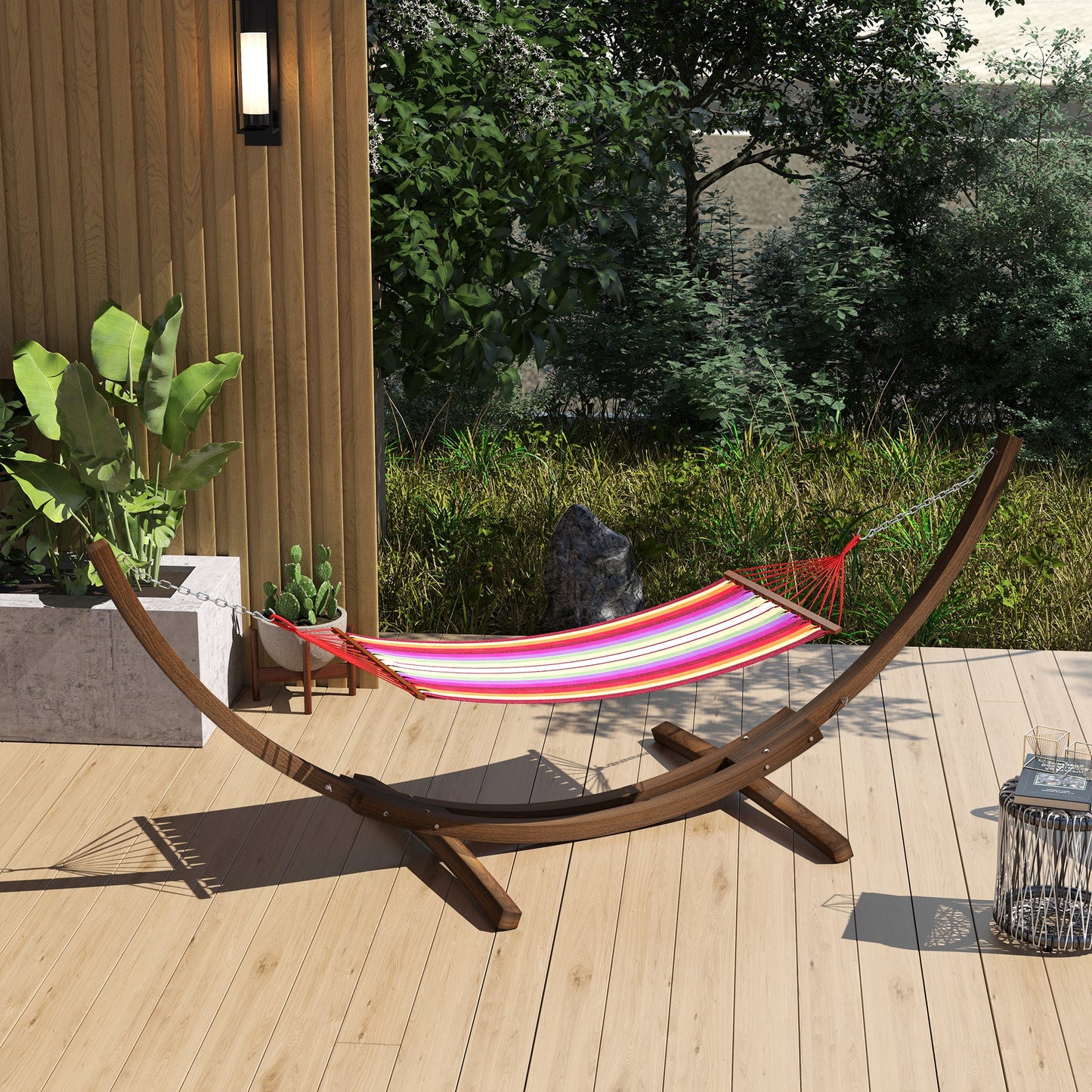 3(m) Wooden Hammock Stand, 1 Person Hammock Frame with Chain and Safety Buckles, Pine Wood Arc Stand for Garden, Patio, Outdoor and Indoor, Brown