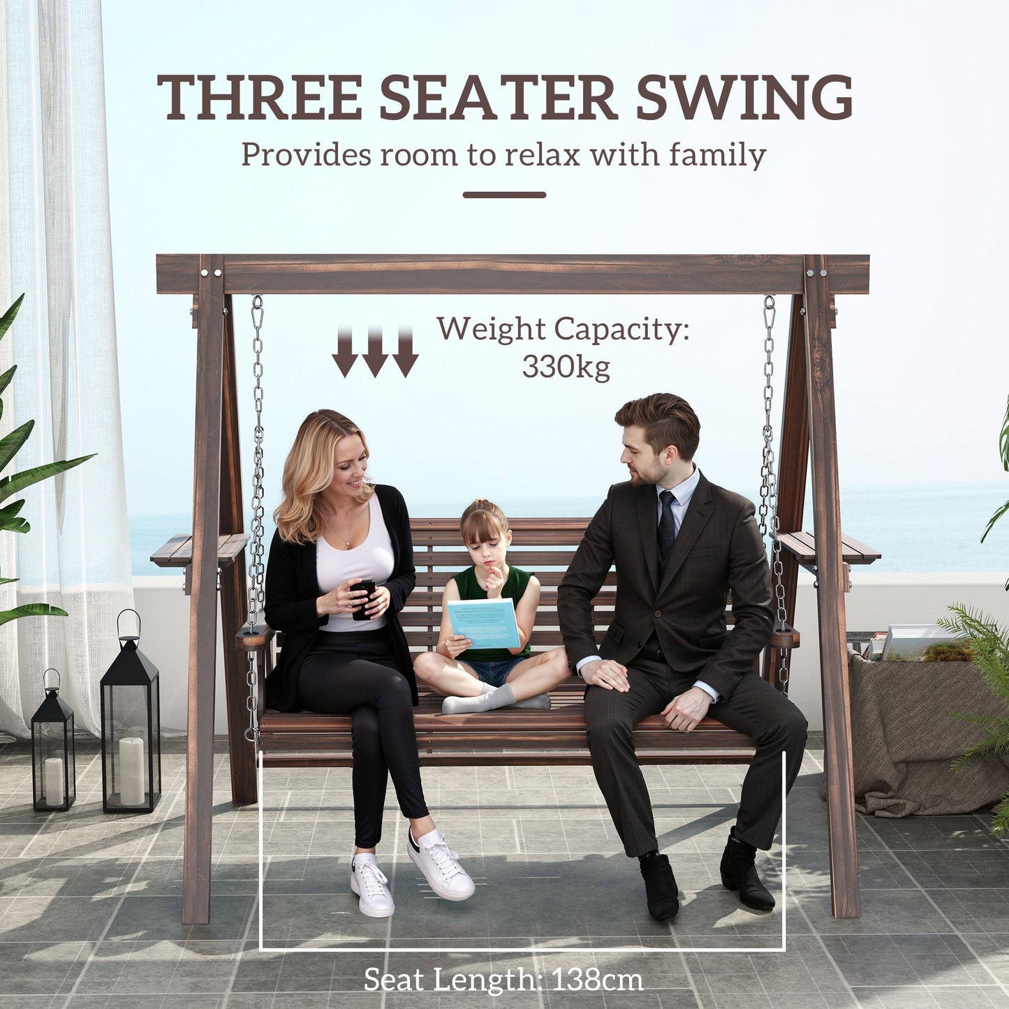 3 Seater Garden Swing Seat, Wooden Swing Chair Bench with Side Tables and Metal Chains, for Outdoor Porch Patio, Carbonised Brown