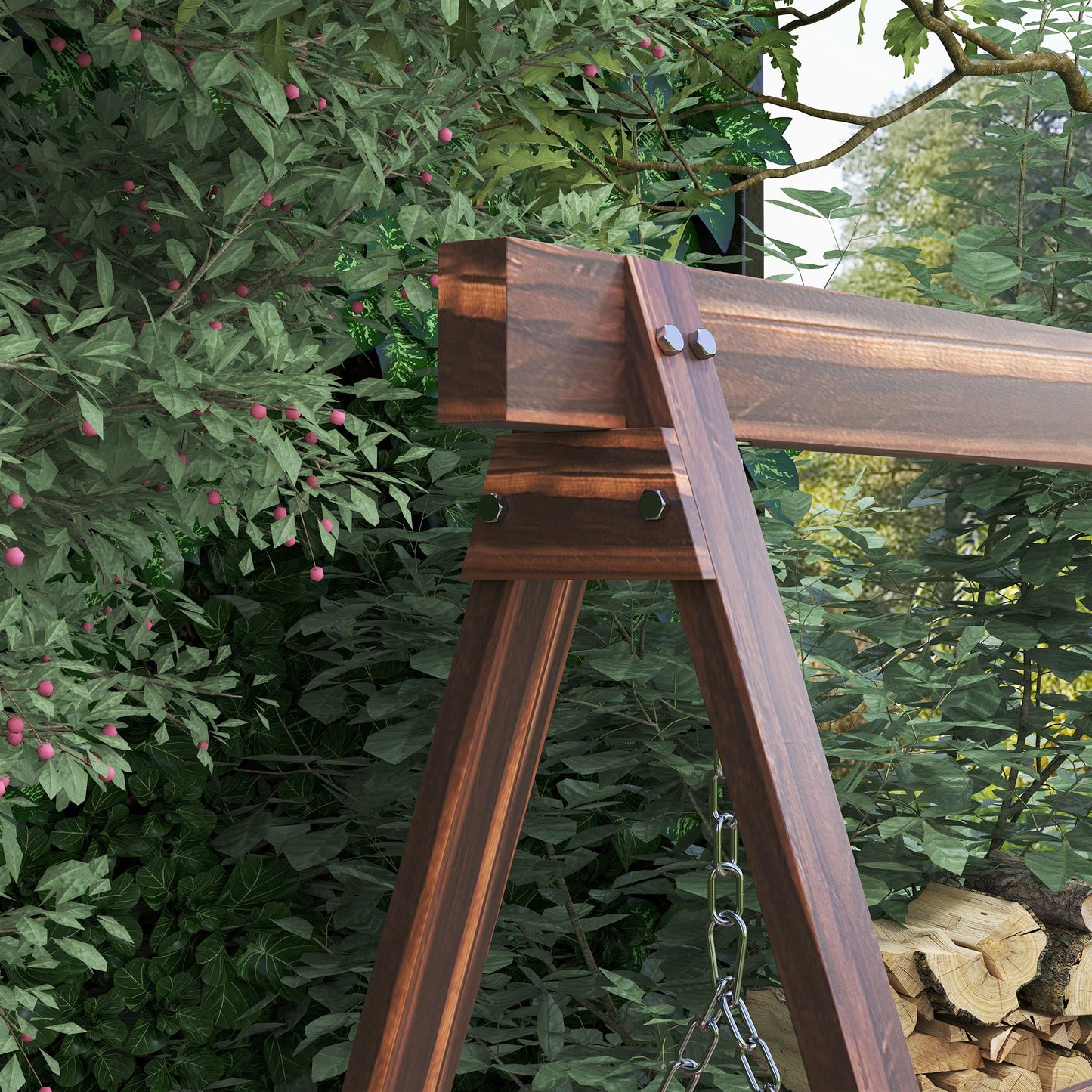 3 Seater Garden Swing Seat, Wooden Swing Chair Bench with Side Tables and Metal Chains, for Outdoor Porch Patio, Carbonised Brown