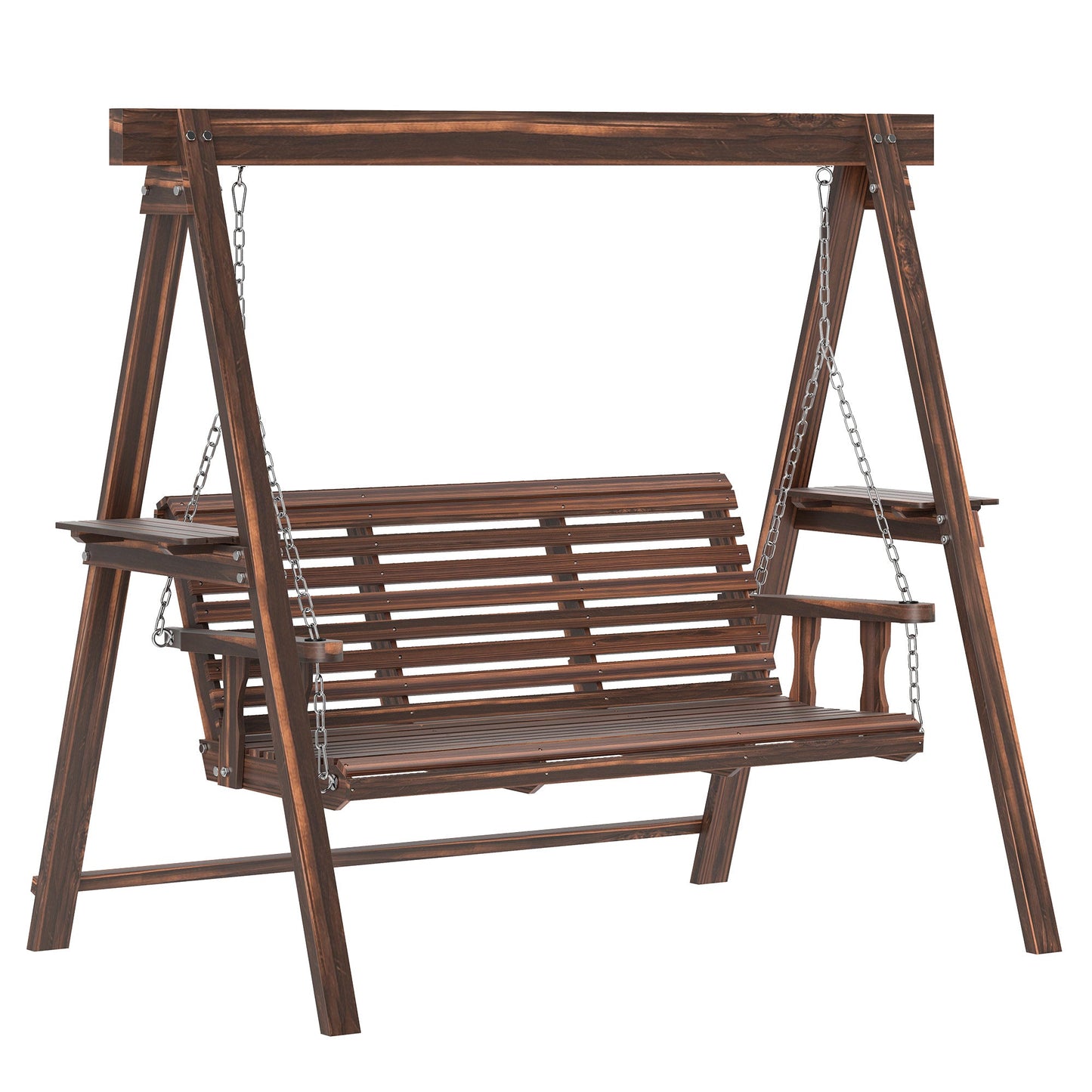 3 Seater Garden Swing Seat, Wooden Swing Chair Bench with Side Tables and Metal Chains, for Outdoor Porch Patio, Carbonised Brown