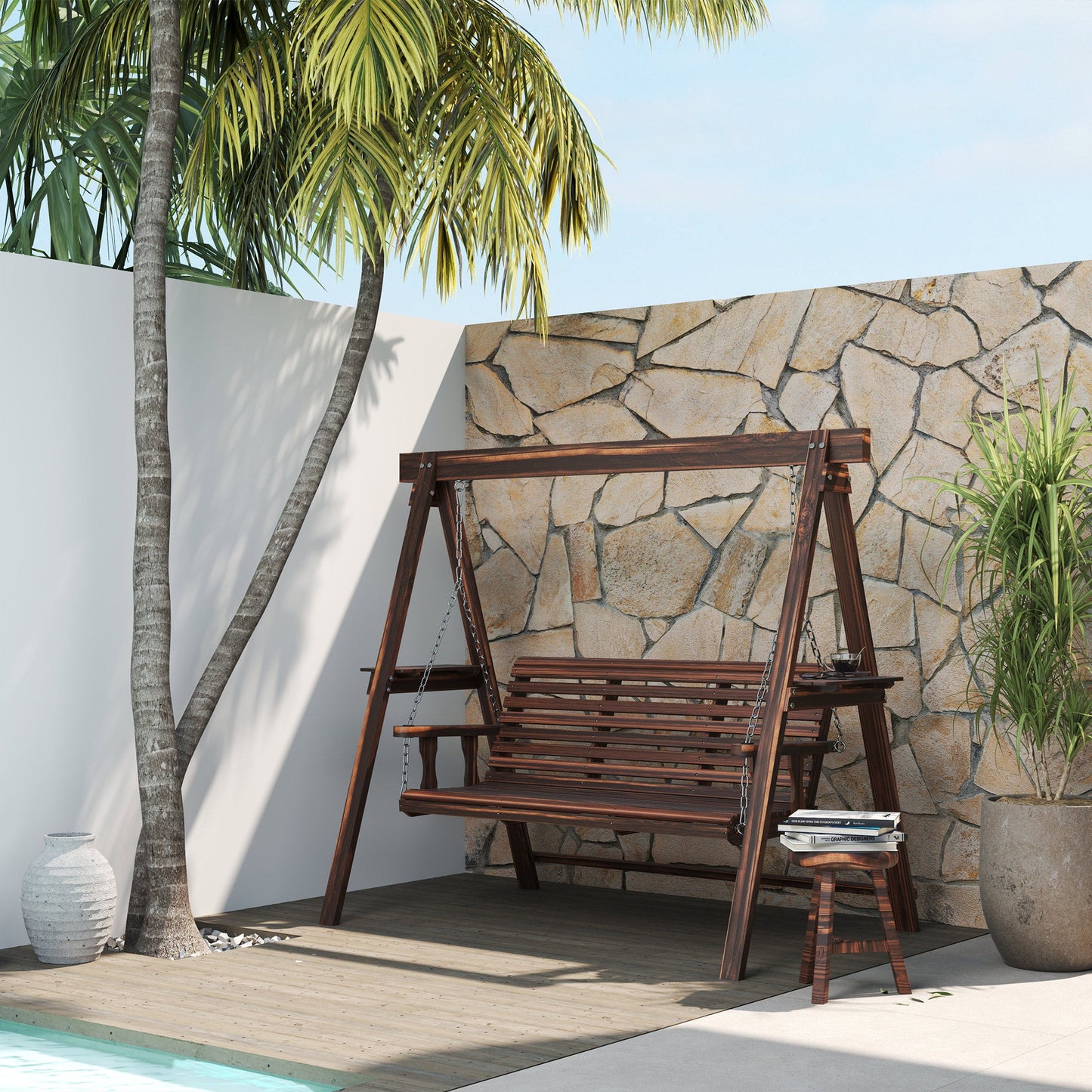 3 Seater Garden Swing Seat, Wooden Swing Chair Bench with Side Tables and Metal Chains, for Outdoor Porch Patio, Carbonised Brown