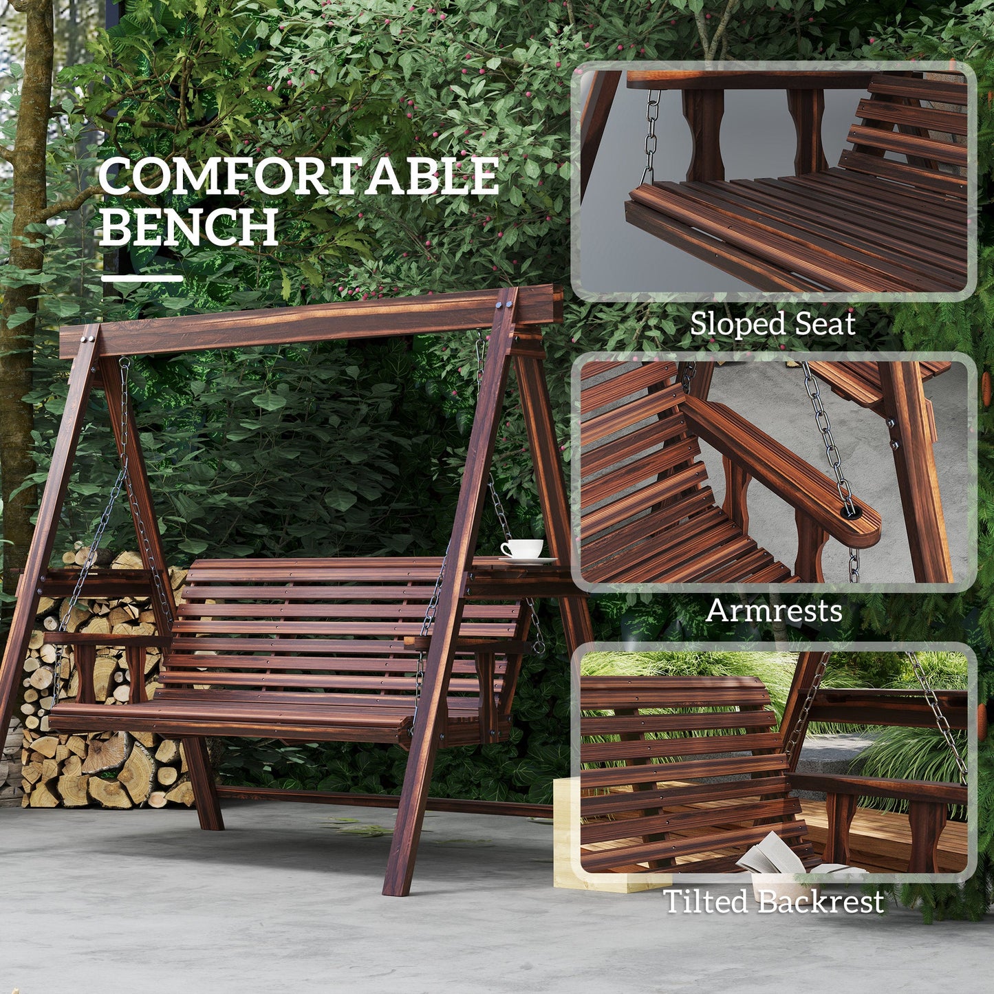 3 Seater Garden Swing Seat, Wooden Swing Chair Bench with Side Tables and Metal Chains, for Outdoor Porch Patio, Carbonised Brown
