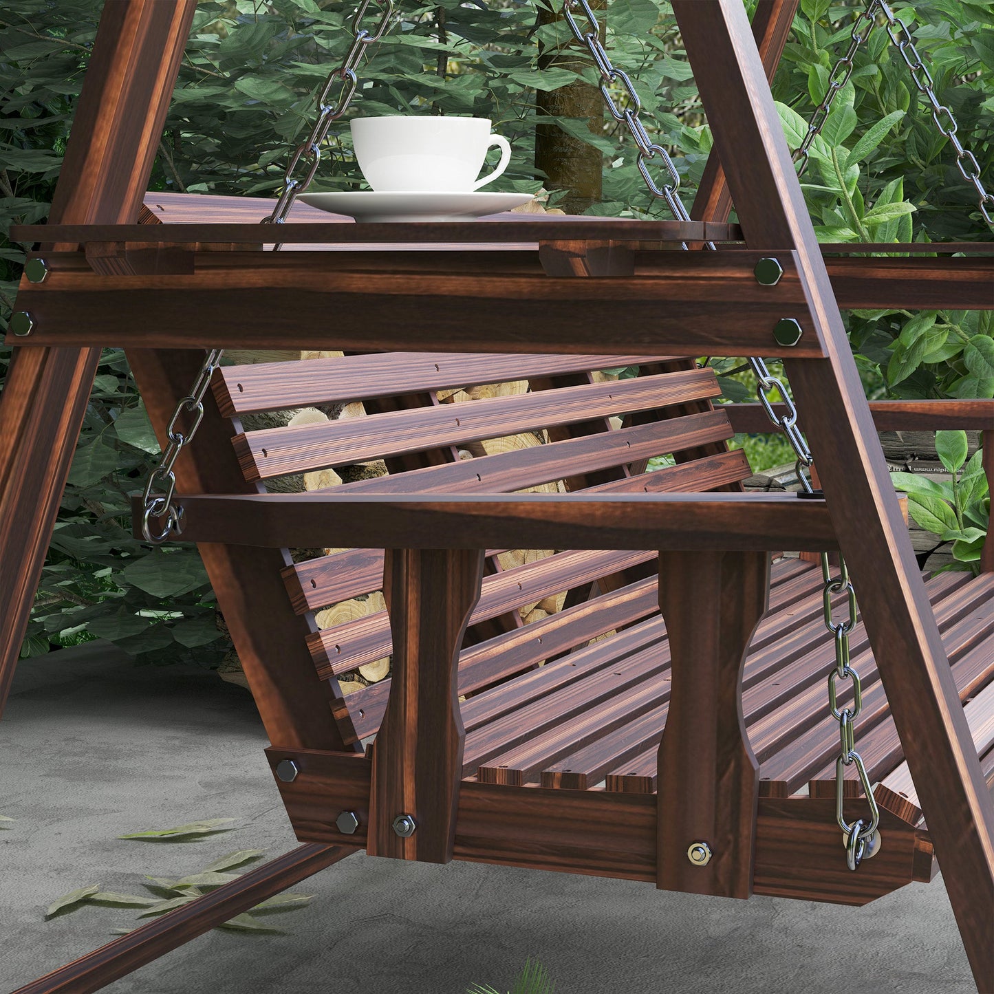 3 Seater Garden Swing Seat, Wooden Swing Chair Bench with Side Tables and Metal Chains, for Outdoor Porch Patio, Carbonised Brown