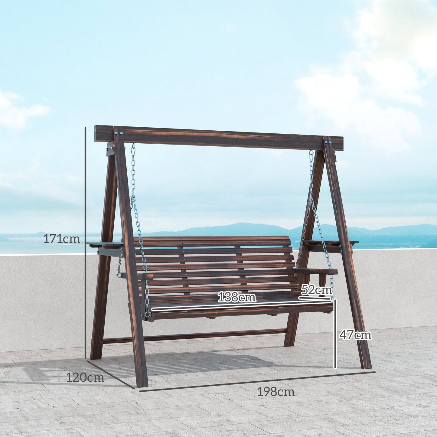 3 Seater Garden Swing Seat, Wooden Swing Chair Bench with Side Tables and Metal Chains, for Outdoor Porch Patio, Carbonised Brown