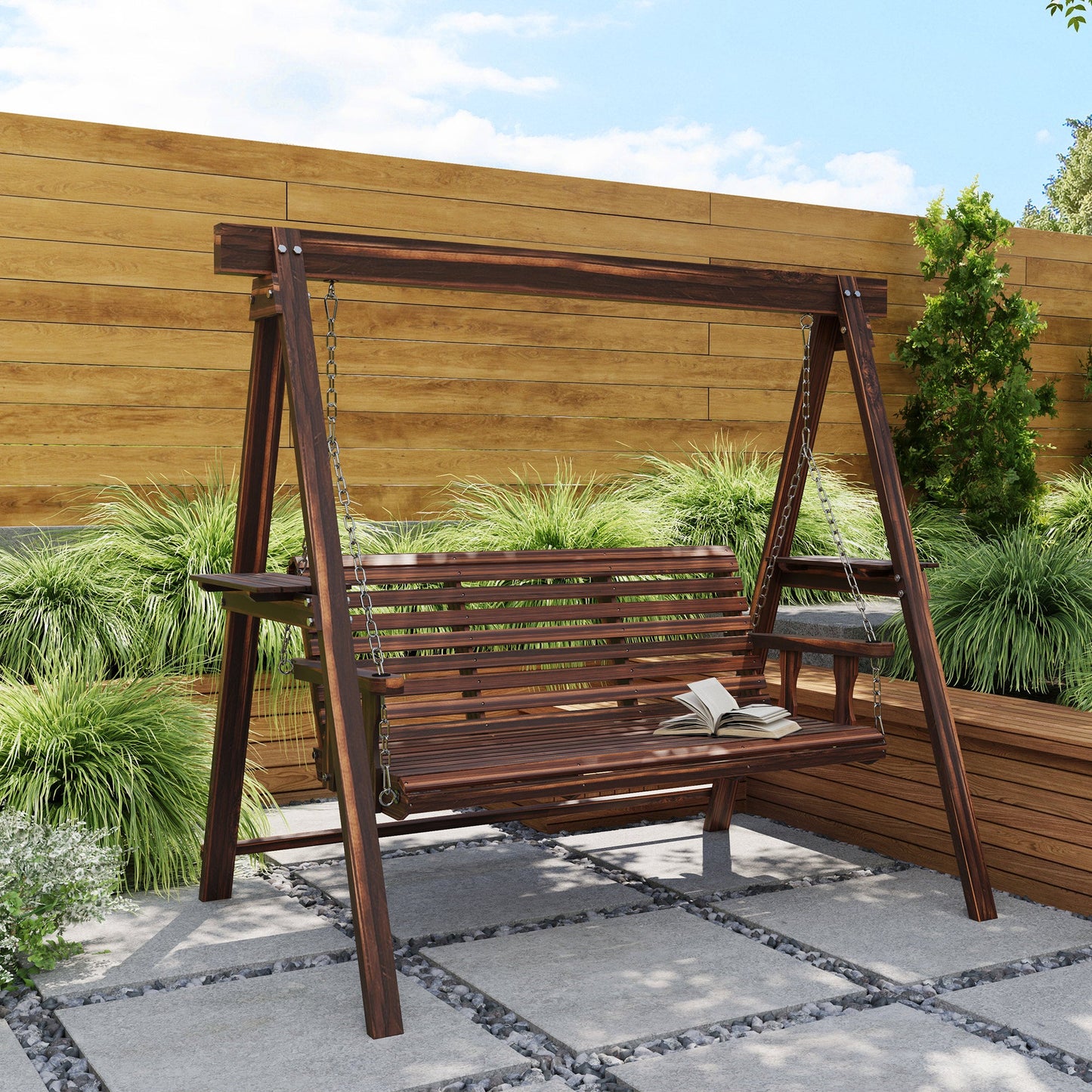 3 Seater Garden Swing Seat, Wooden Swing Chair Bench with Side Tables and Metal Chains, for Outdoor Porch Patio, Carbonised Brown