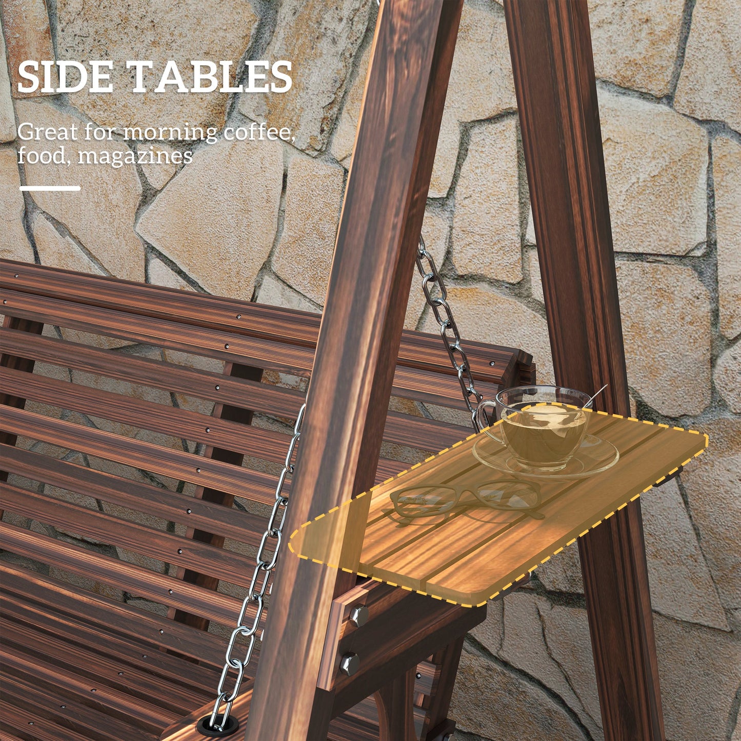 3 Seater Garden Swing Seat, Wooden Swing Chair Bench with Side Tables and Metal Chains, for Outdoor Porch Patio, Carbonised Brown