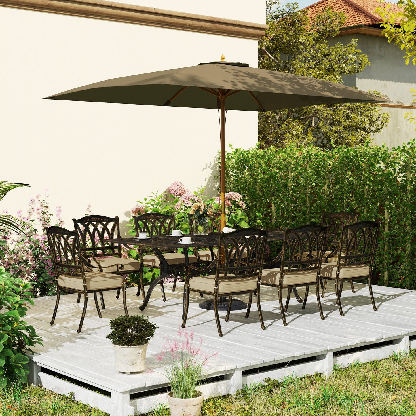 9 Pieces Cast Aluminium Garden Dining Set, 8 Seater Garden Table and Chairs with Parasol Hole, Outdoor Garden Furniture Set with Cushions for Patio, Bronze Tone