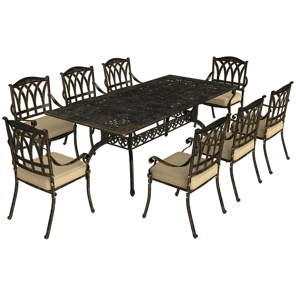 9 Pieces Cast Aluminium Garden Dining Set, 8 Seater Garden Table and Chairs with Parasol Hole, Outdoor Garden Furniture Set with Cushions for Patio, Bronze Tone