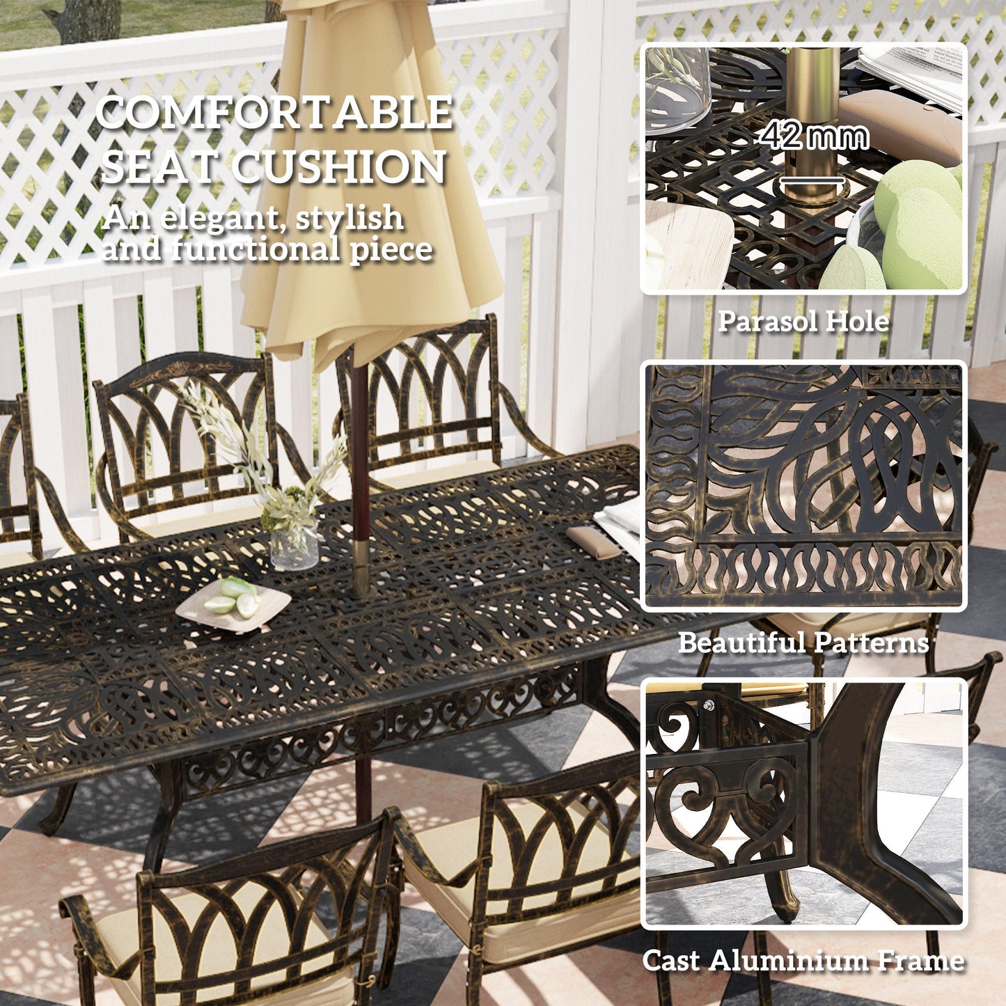 9 Pieces Cast Aluminium Garden Dining Set, 8 Seater Garden Table and Chairs with Parasol Hole, Outdoor Garden Furniture Set with Cushions for Patio, Bronze Tone
