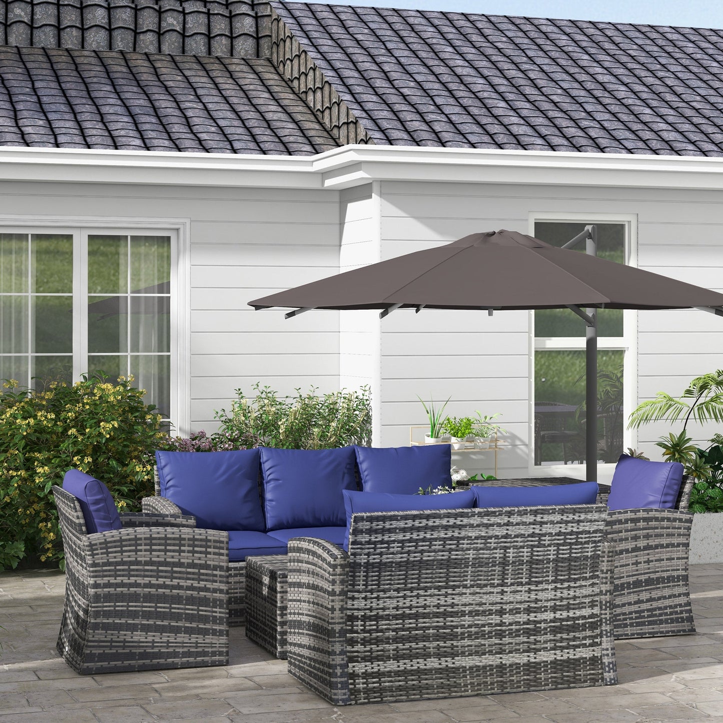 6 Pieces Rattan Garden Furniture Set, 7 Seater Wicker Outdoor Furniture Set with Storage Tea Table & Side Table, Sectional Garden Sofa Set with Cushions, Navy Blue