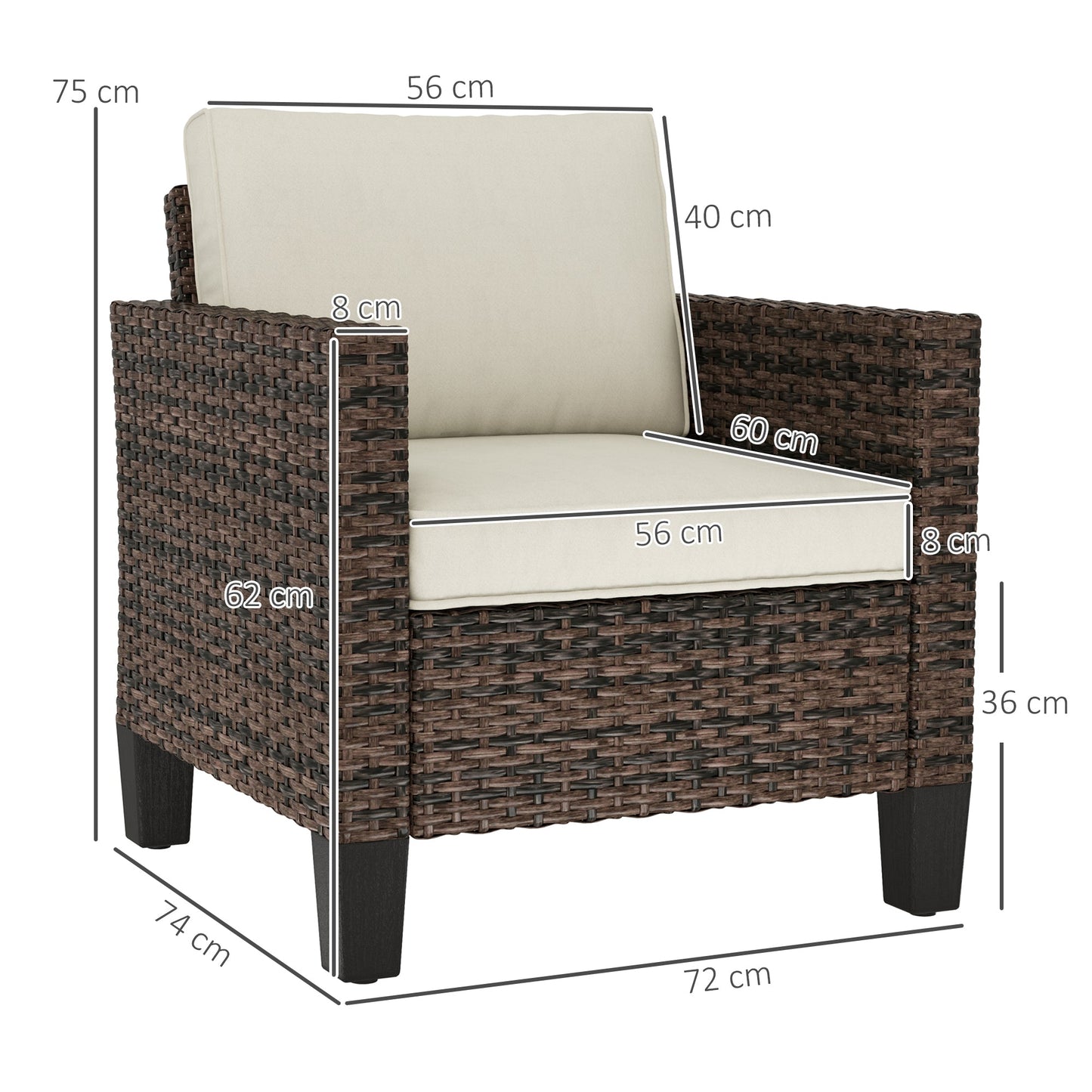 Single Seater Rattan Garden Armchair, PE Wicker Rattan Chair with Armrests and Cushions, Garden Chair with Galvanised Steel Frame for Conservatory, Porch, Brown