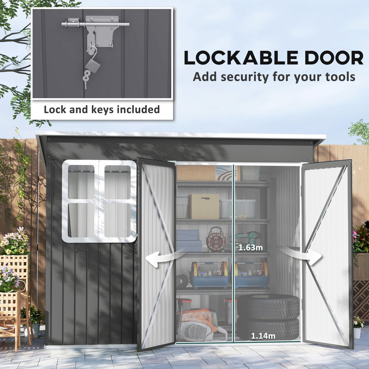 8.5 x 6ft Storage Shed Galvanised Steel Garden Shed, Metal Shed with Foundation Kit, Window, Lockable Wide Doors and Air Vents for Outdoor Patio, Dark Grey