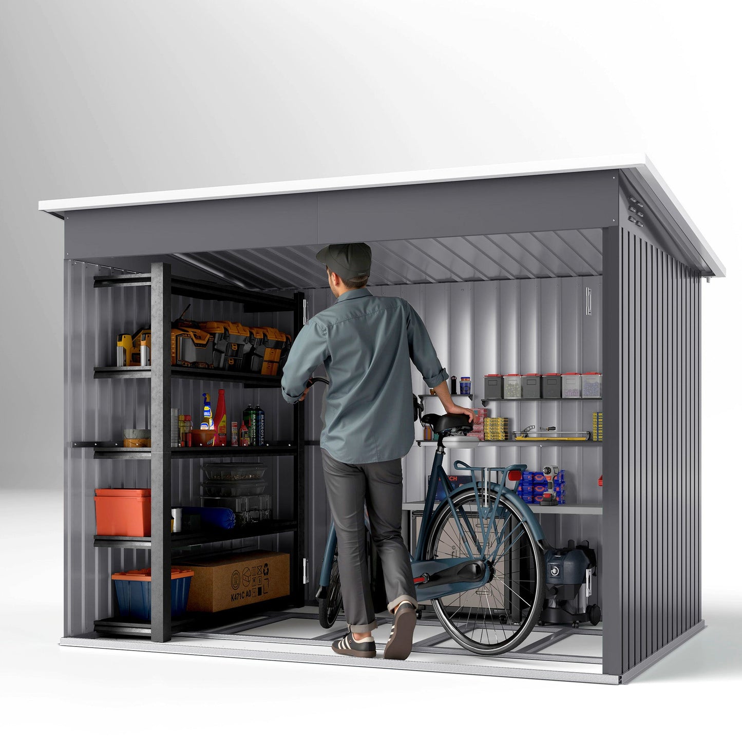 8.5 x 6ft Storage Shed Galvanised Steel Garden Shed, Metal Shed with Foundation Kit, Window, Lockable Wide Doors and Air Vents for Outdoor Patio, Dark Grey