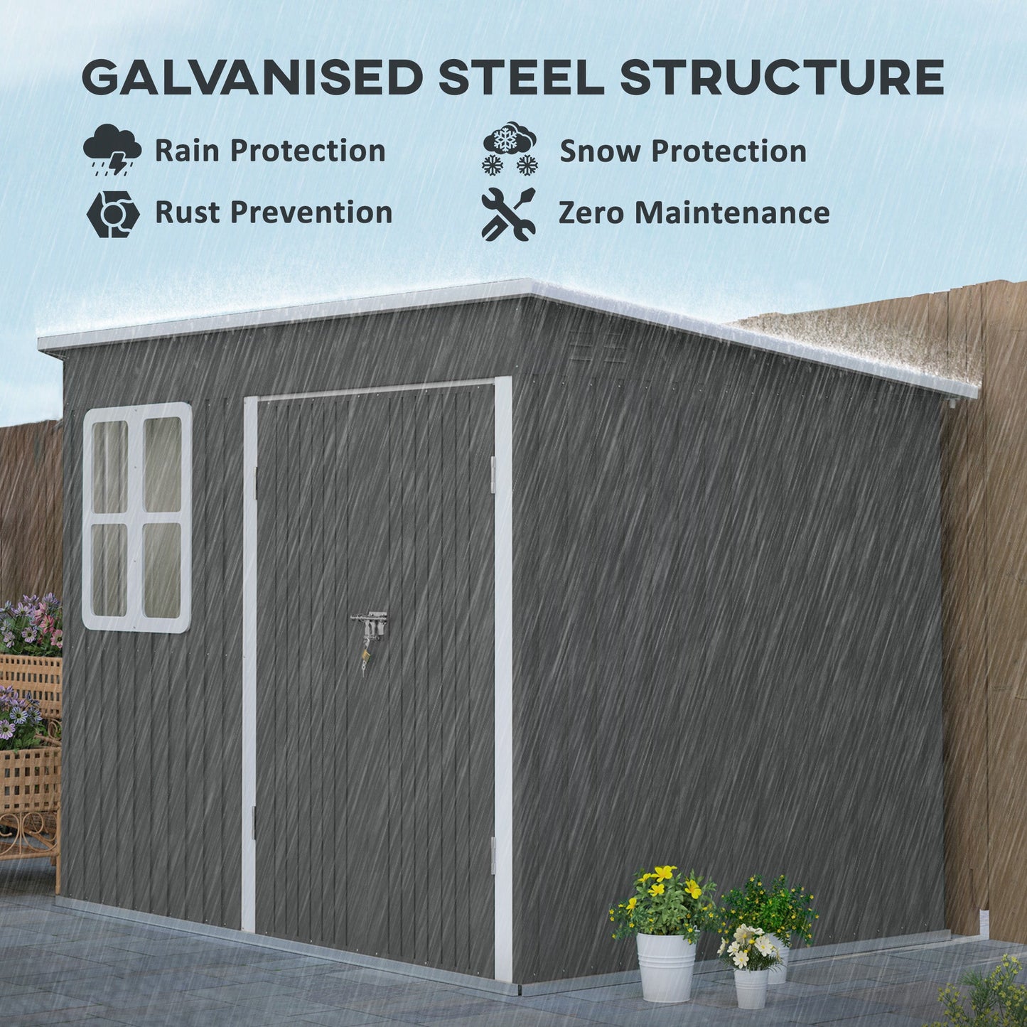 8.5 x 6ft Storage Shed Galvanised Steel Garden Shed, Metal Shed with Foundation Kit, Window, Lockable Wide Doors and Air Vents for Outdoor Patio, Dark Grey