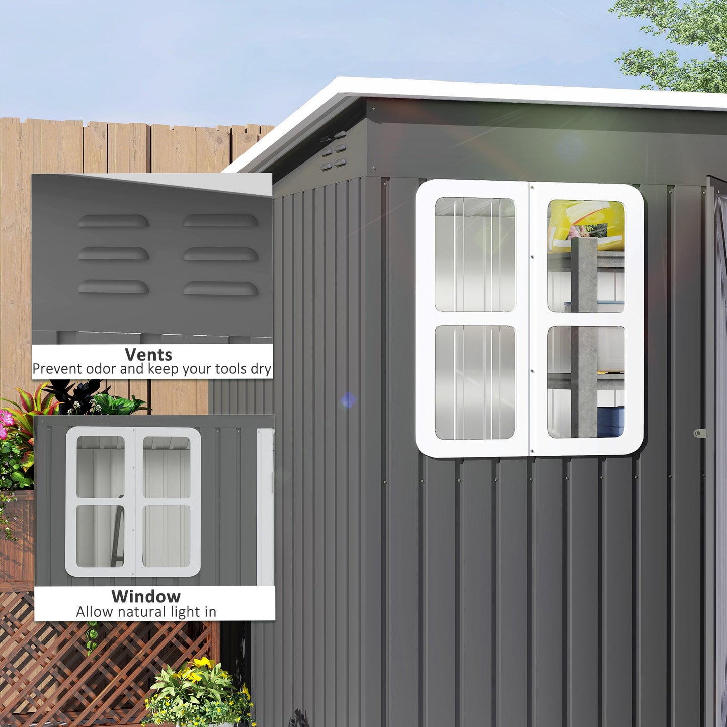 8.5 x 6ft Storage Shed Galvanised Steel Garden Shed, Metal Shed with Foundation Kit, Window, Lockable Wide Doors and Air Vents for Outdoor Patio, Dark Grey