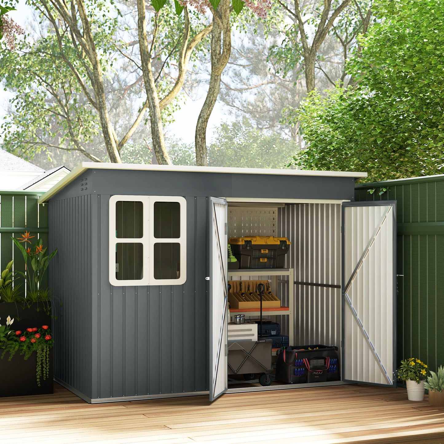 8.5 x 6ft Storage Shed Galvanised Steel Garden Shed, Metal Shed with Foundation Kit, Window, Lockable Wide Doors and Air Vents for Outdoor Patio, Dark Grey