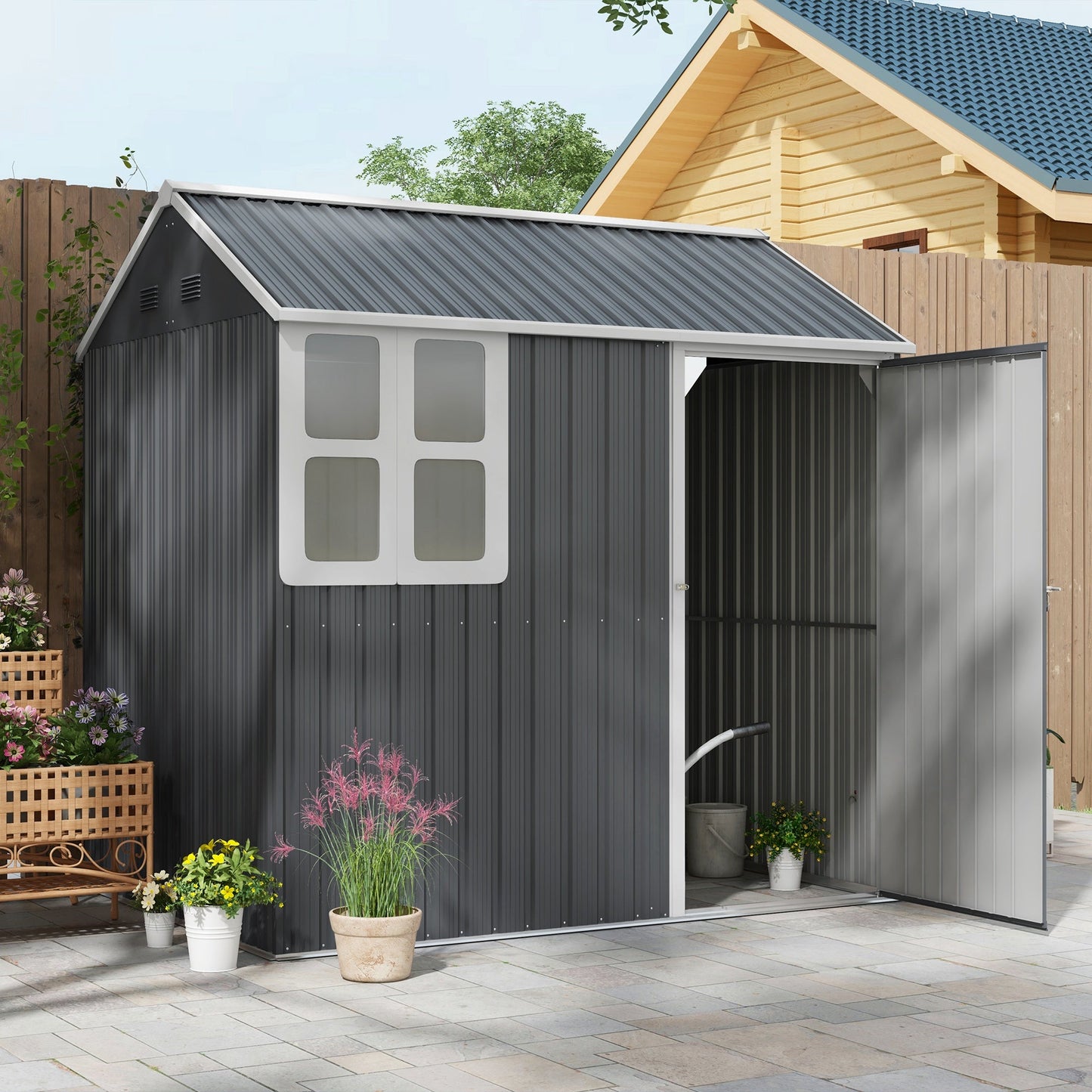 7 x 6 ft Garden Shed, Metal Shed with Single Door, Window and Air Vents, Galvanised Outdoor Lockable Tool Storage House, Dark Grey