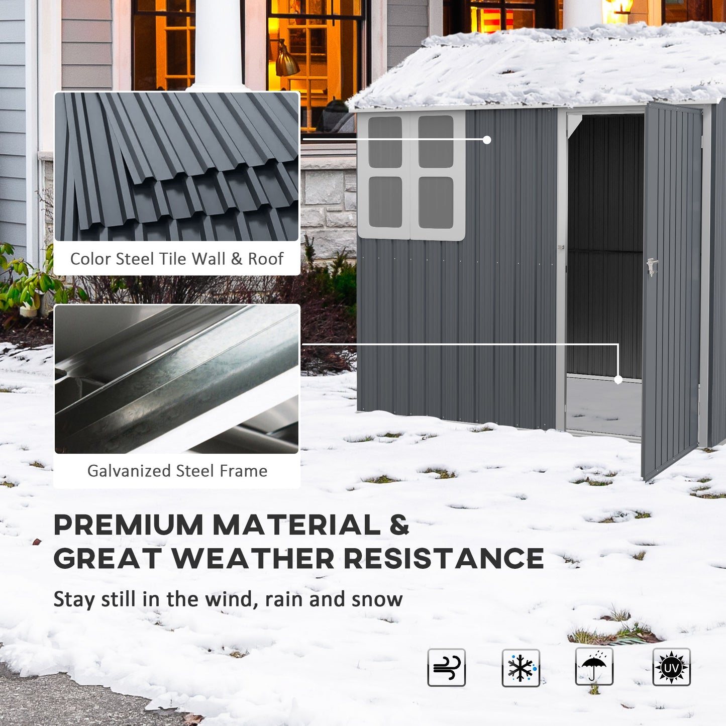 7 x 6 ft Garden Shed, Metal Shed with Single Door, Window and Air Vents, Galvanised Outdoor Lockable Tool Storage House, Dark Grey