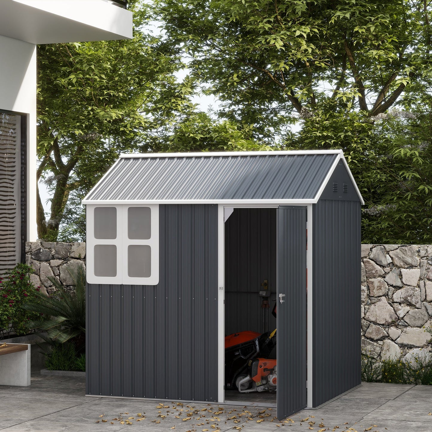 7 x 6 ft Garden Shed, Metal Shed with Single Door, Window and Air Vents, Galvanised Outdoor Lockable Tool Storage House, Dark Grey