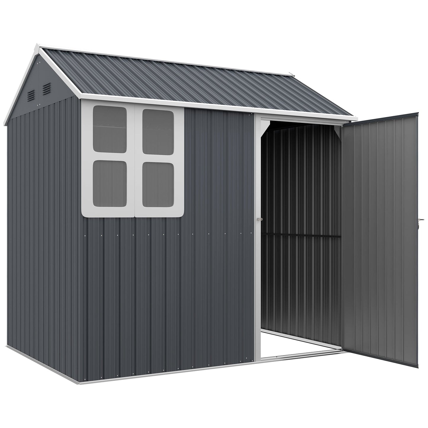 7 x 6 ft Garden Shed, Metal Shed with Single Door, Window and Air Vents, Galvanised Outdoor Lockable Tool Storage House, Dark Grey