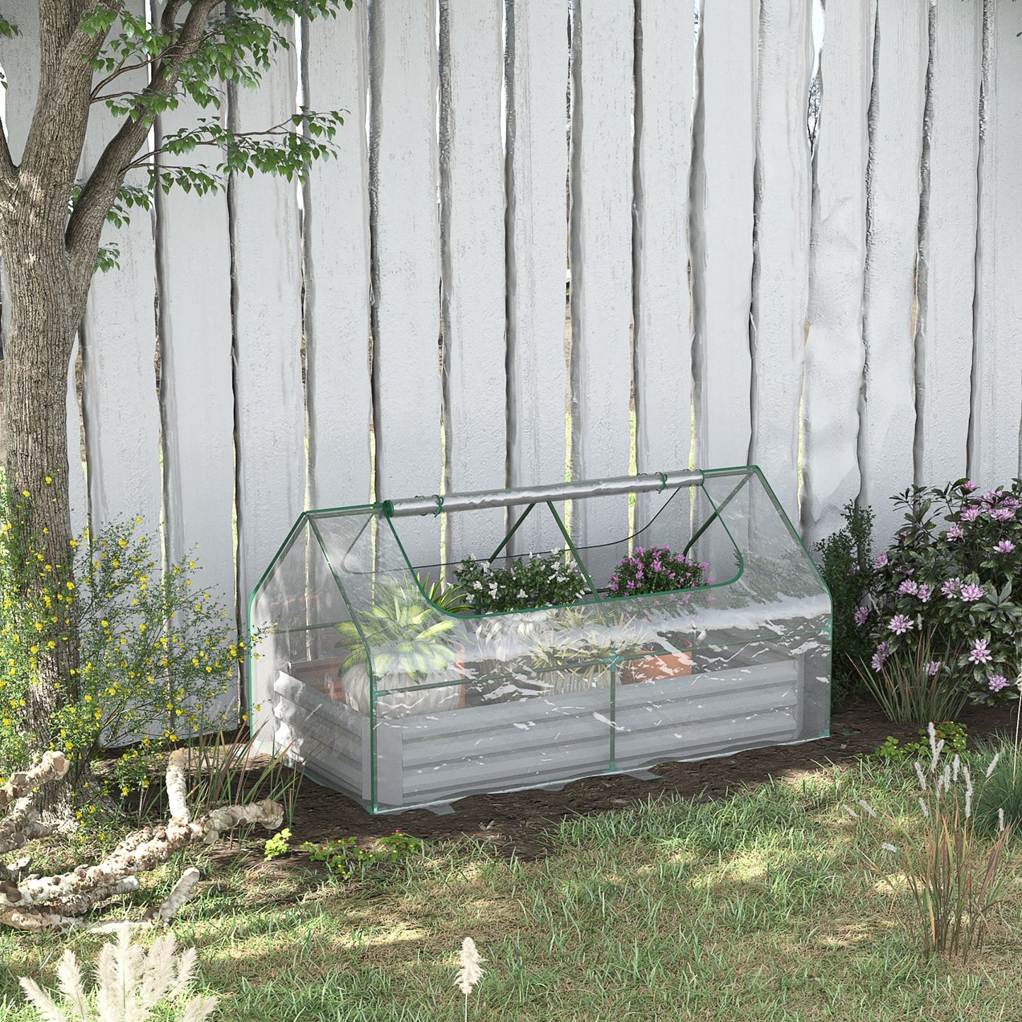 Raised Garden Bed with Greenhouse, Steel Planter Box with Plastic Cover, Roll Up Window, Dual Use for Flowers, Vegetables, Fruits and Herbs, 185L x 95W x 92H cm, Clear