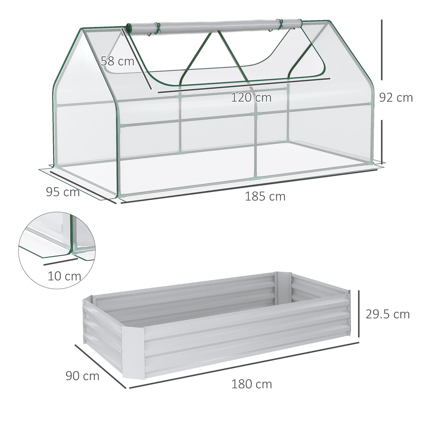 Raised Garden Bed with Greenhouse, Steel Planter Box with Plastic Cover, Roll Up Window, Dual Use for Flowers, Vegetables, Fruits and Herbs, 185L x 95W x 92H cm, Clear