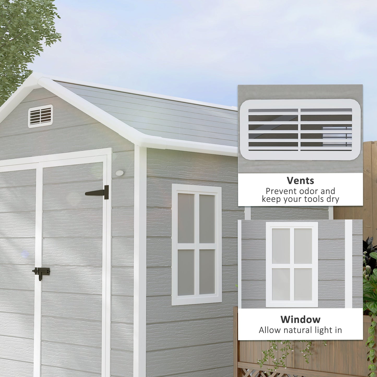 6 x 5ft Garden Shed, Plastic Shed with Floor, Window, Lockable Doors and Vents, Wood Effect Resin Tool Shed for Outdoor Patio, Light Grey