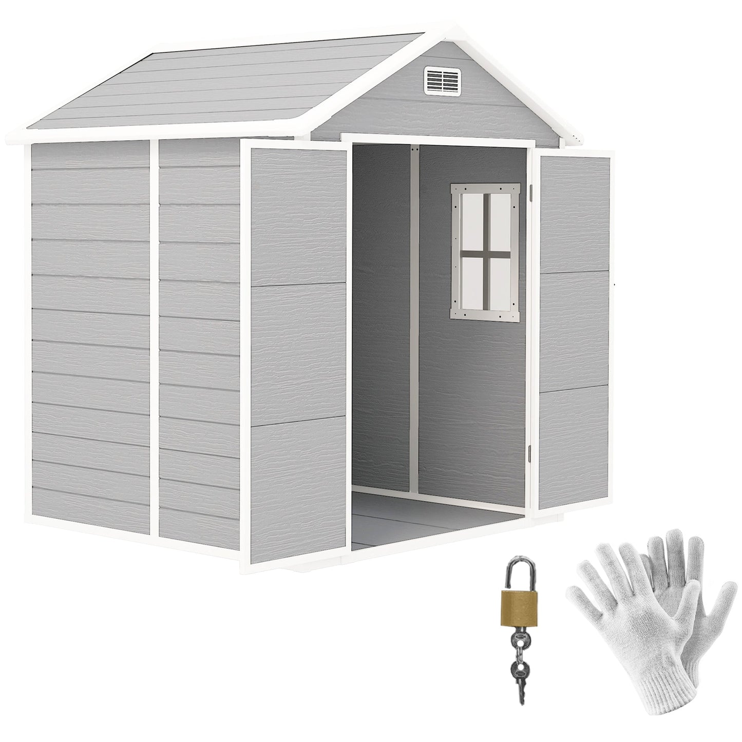6 x 5ft Garden Shed, Plastic Shed with Floor, Window, Lockable Doors and Vents, Wood Effect Resin Tool Shed for Outdoor Patio, Light Grey