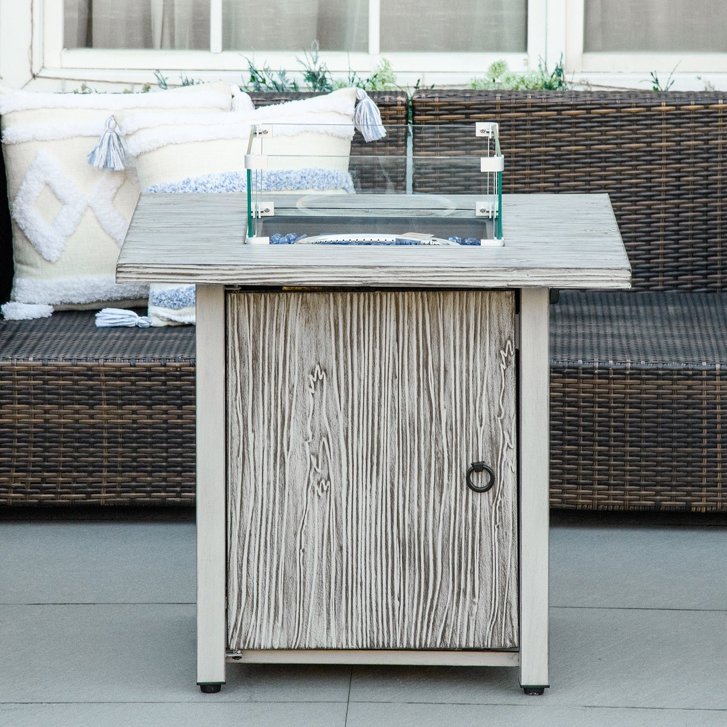 Propane Gas Fire Pit Table for Garden, 40000 BTU Smokeless Firepit Outdoor Patio Heater with Waterproof Cover, Glass Screen, Glass Beads and Lid, Wood Effect, 71 x 71 x 62.5cm, Grey
