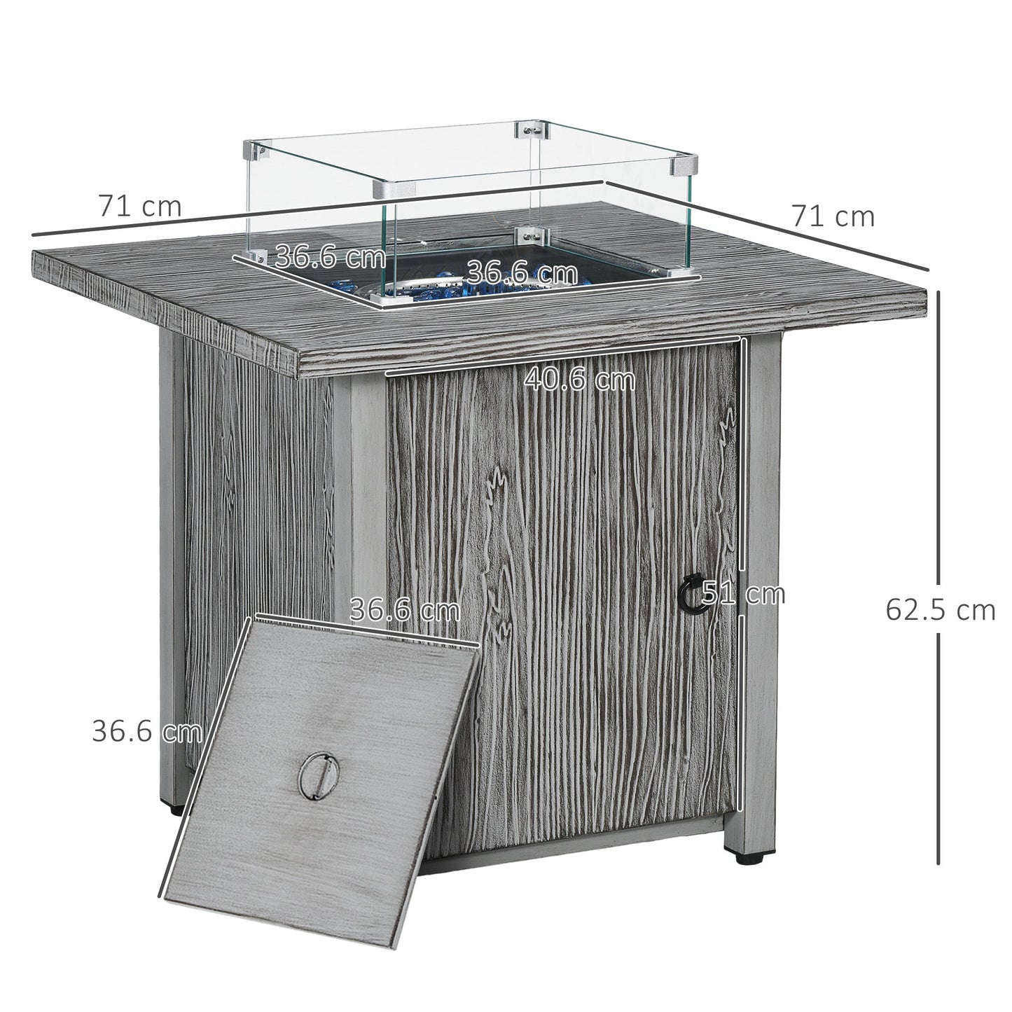 Propane Gas Fire Pit Table for Garden, 40000 BTU Smokeless Firepit Outdoor Patio Heater with Waterproof Cover, Glass Screen, Glass Beads and Lid, Wood Effect, 71 x 71 x 62.5cm, Grey