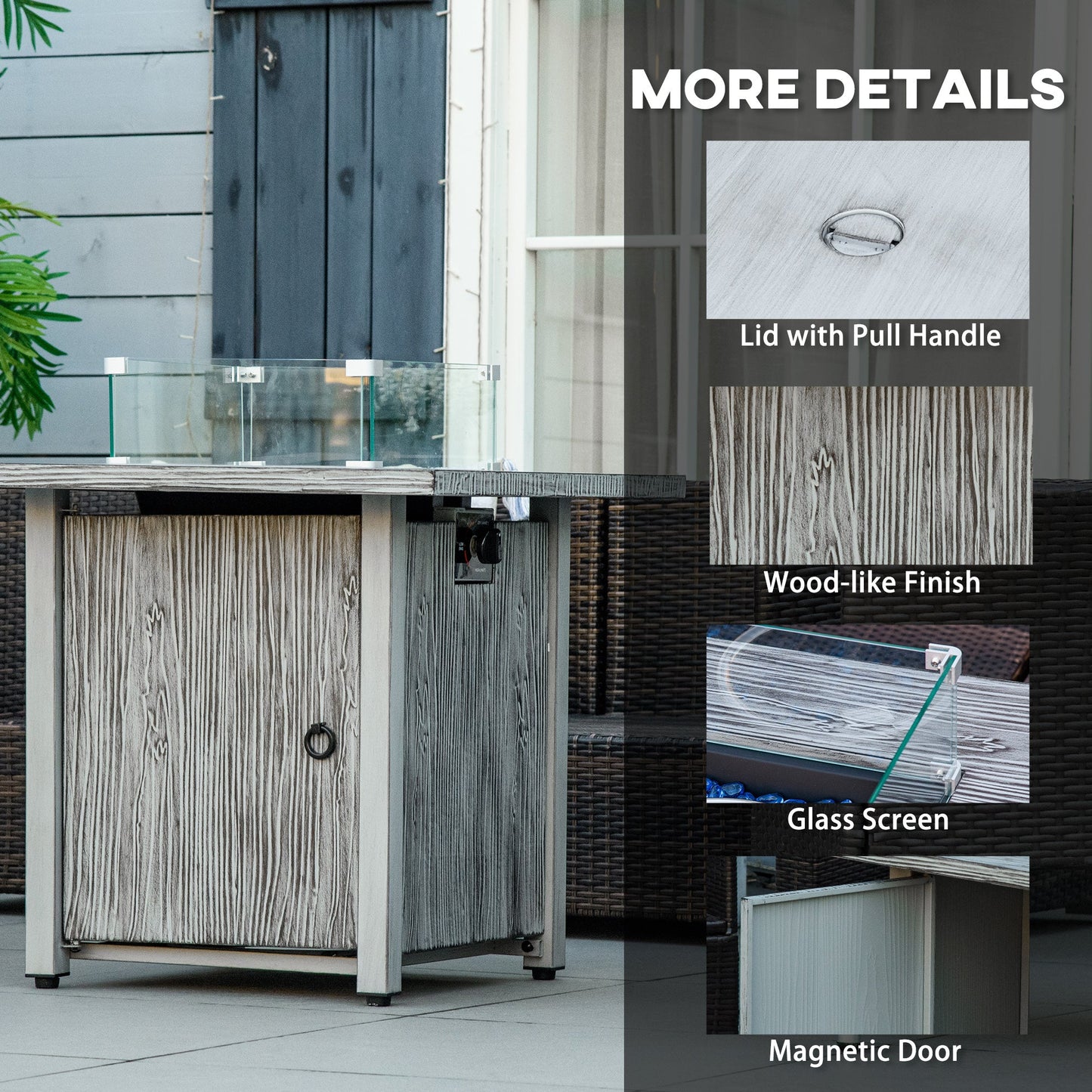Propane Gas Fire Pit Table for Garden, 40000 BTU Smokeless Firepit Outdoor Patio Heater with Waterproof Cover, Glass Screen, Glass Beads and Lid, Wood Effect, 71 x 71 x 62.5cm, Grey