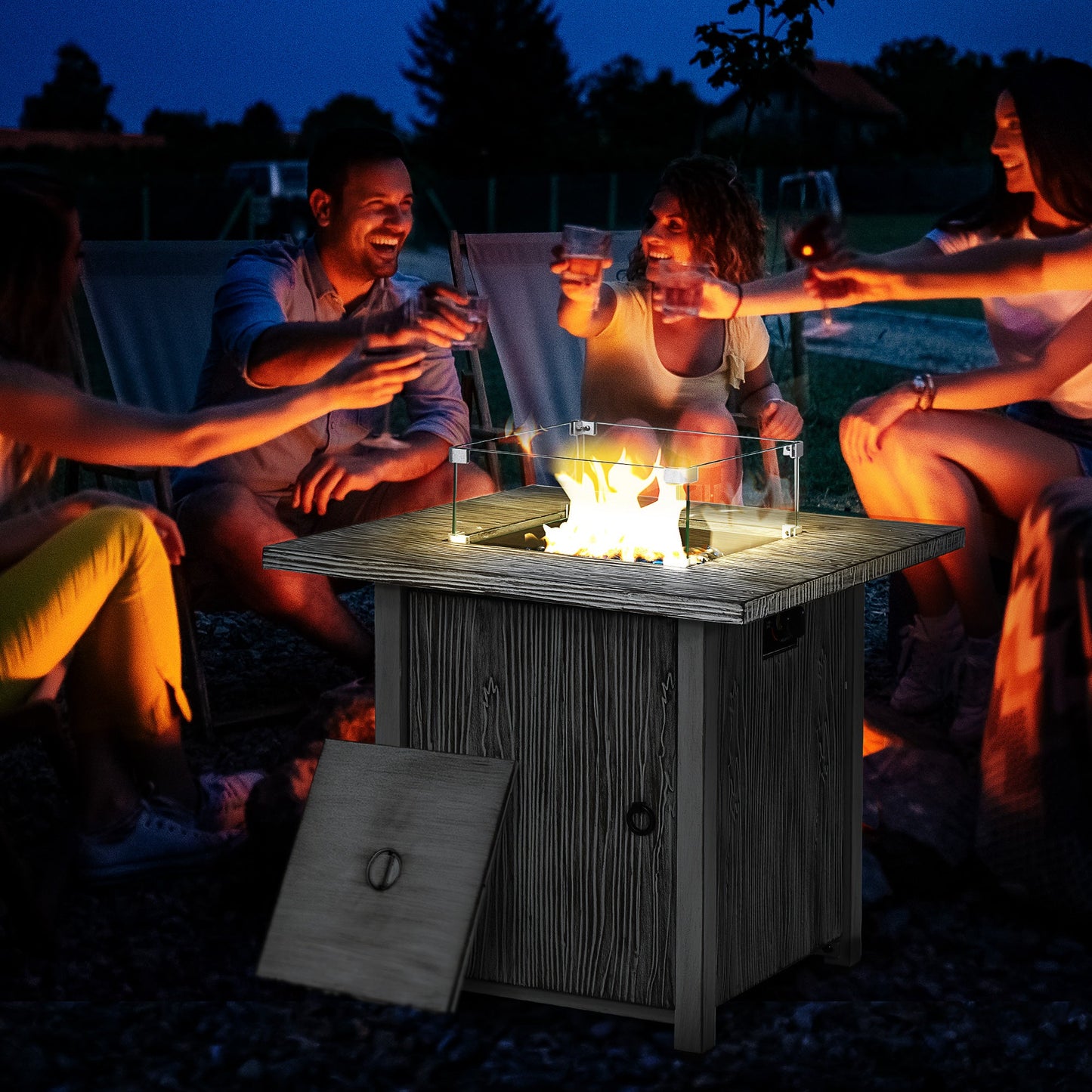 Propane Gas Fire Pit Table for Garden, 40000 BTU Smokeless Firepit Outdoor Patio Heater with Waterproof Cover, Glass Screen, Glass Beads and Lid, Wood Effect, 71 x 71 x 62.5cm, Grey