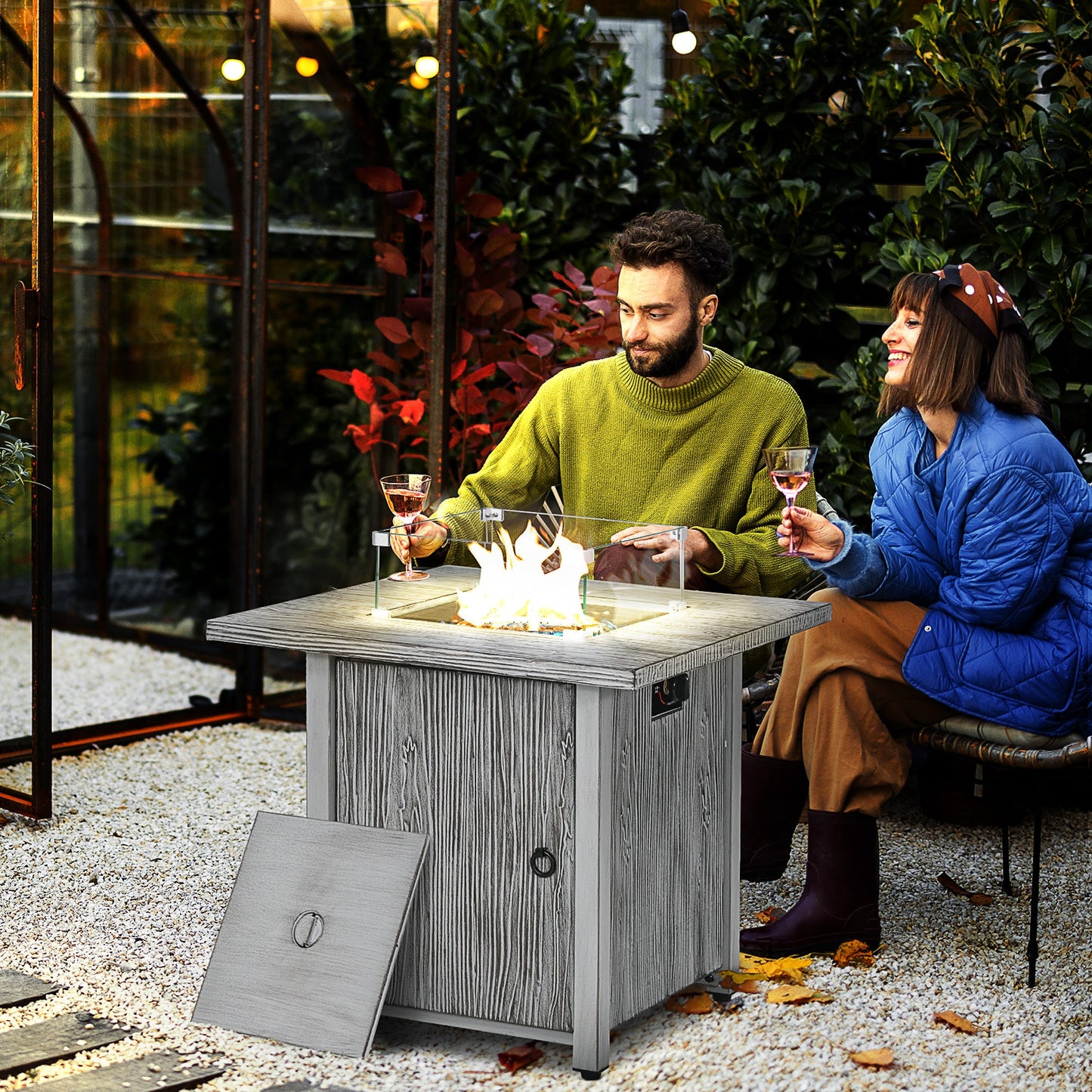 Propane Gas Fire Pit Table for Garden, 40000 BTU Smokeless Firepit Outdoor Patio Heater with Waterproof Cover, Glass Screen, Glass Beads and Lid, Wood Effect, 71 x 71 x 62.5cm, Grey