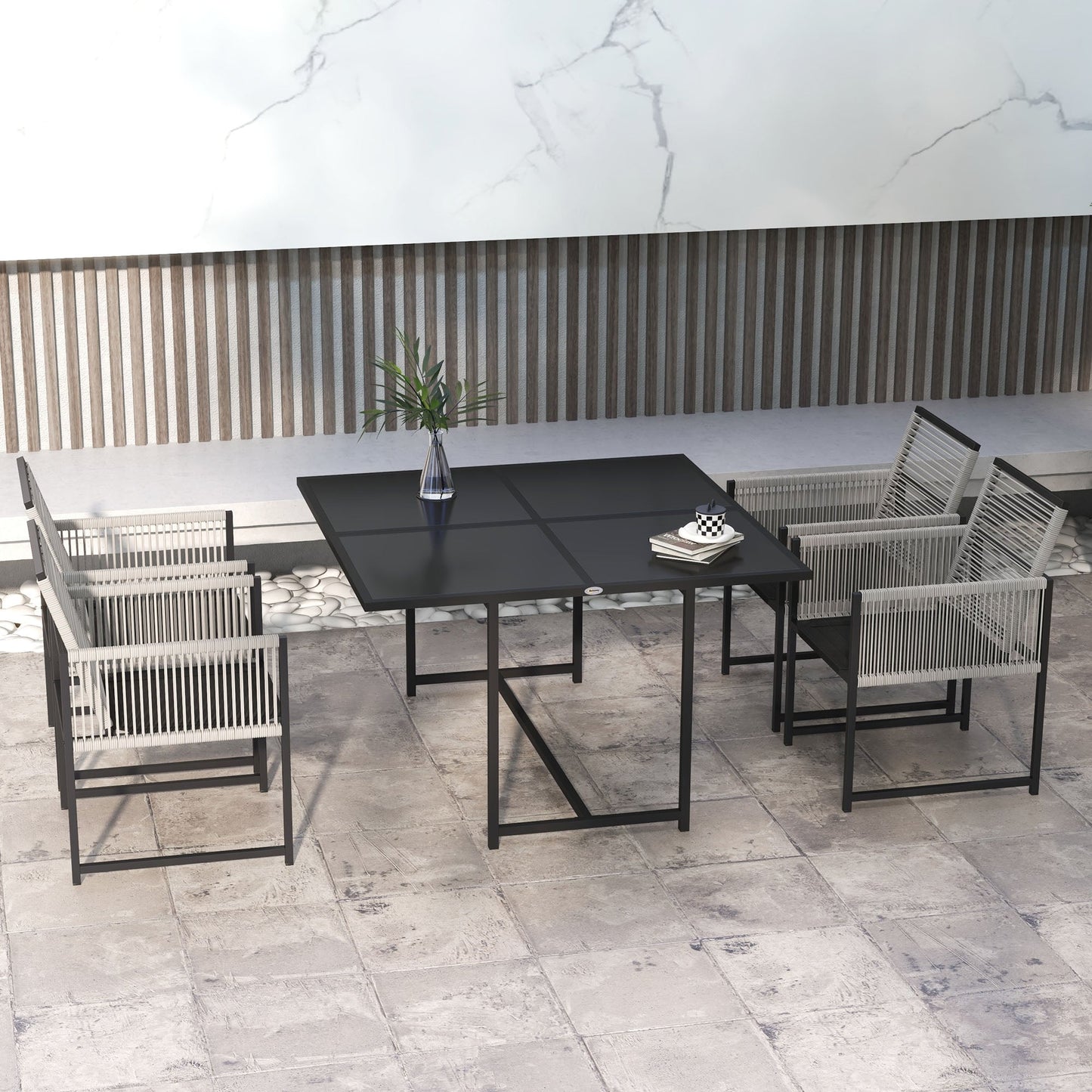 5 Pieces Garden Dining Set, Outdoor Patio Cube Set, 4 Seater Outdoor Table and Chairs with Foldable Backrest, Tempered Glass Top, Handwoven Rope for Poolside, Space-Saving, Light Grey