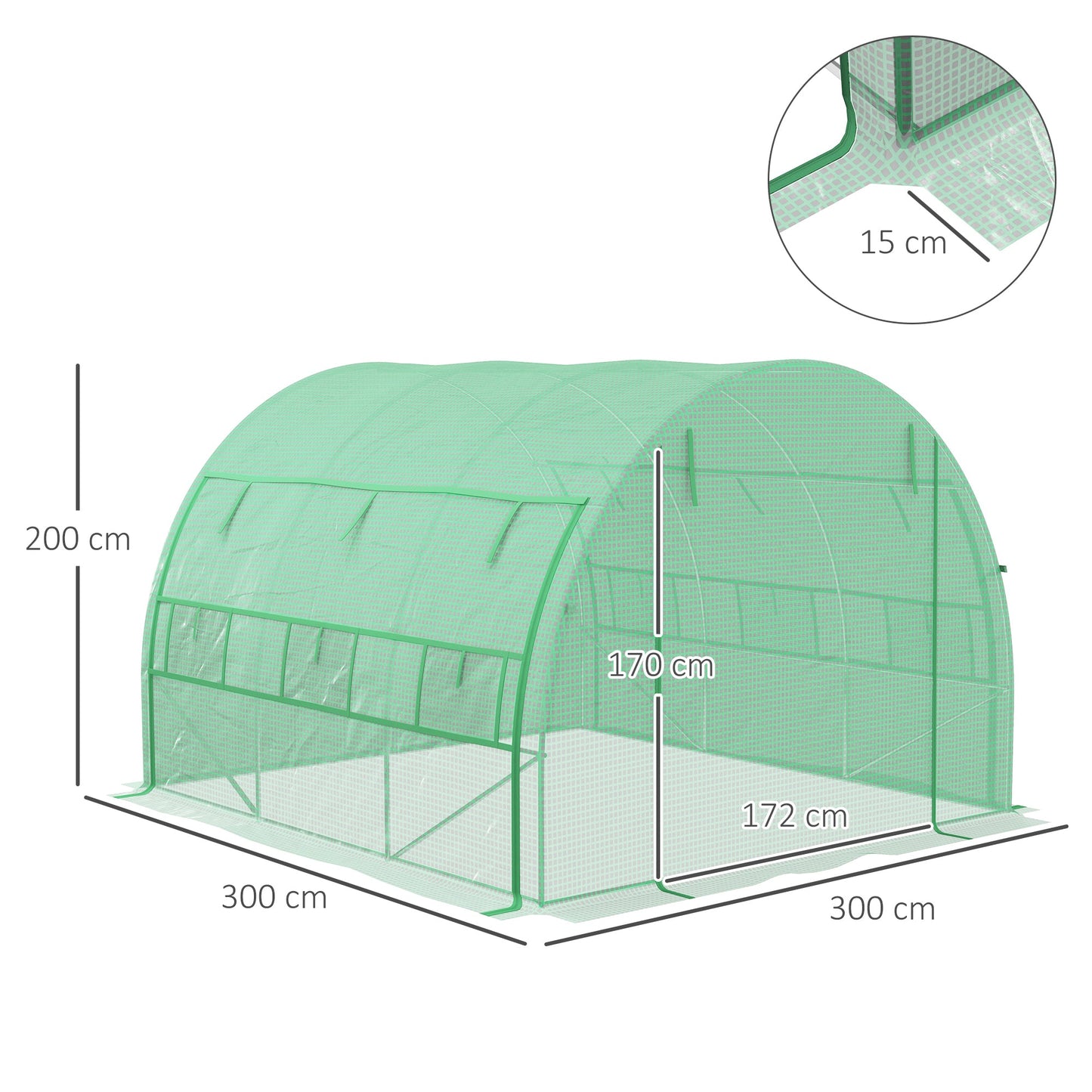 3 x 3 x 2 m Polytunnel Greenhouse with Roll-up Side Walls, Walk-in Grow House Tent with Steel Frame, Reinforced Cover, Zipped Door and 6 Mesh Windows for Garden, Green