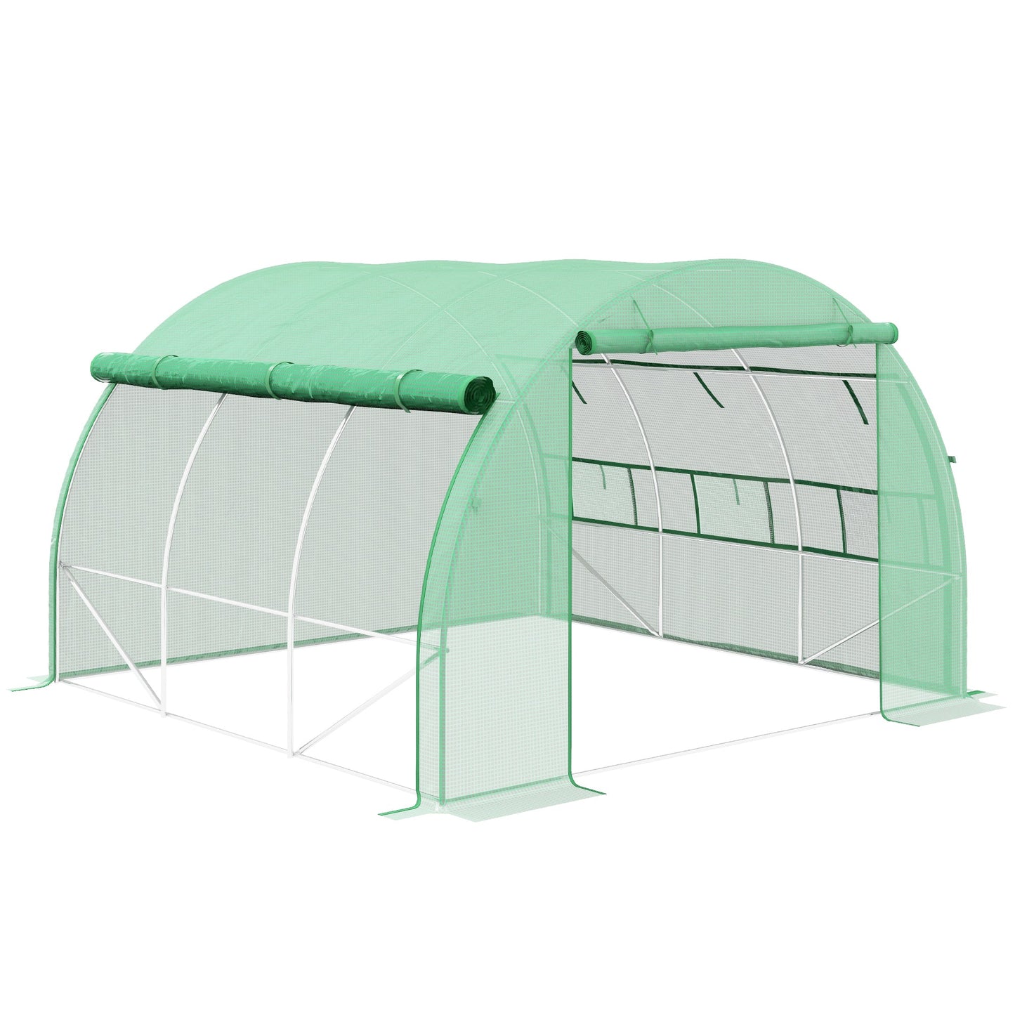 3 x 3 x 2 m Polytunnel Greenhouse with Roll-up Side Walls, Walk-in Grow House Tent with Steel Frame, Reinforced Cover, Zipped Door and 6 Mesh Windows for Garden, Green