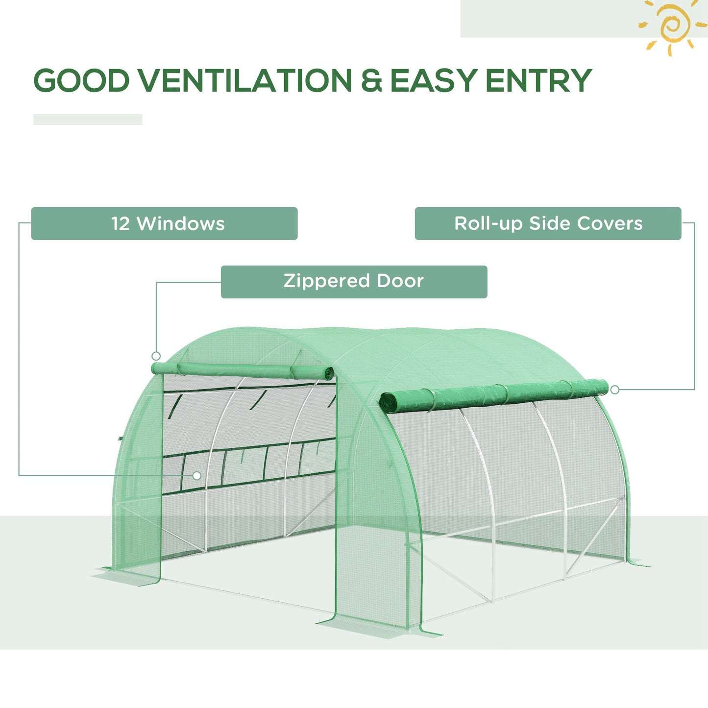 3 x 3 x 2 m Polytunnel Greenhouse with Roll-up Side Walls, Walk-in Grow House Tent with Steel Frame, Reinforced Cover, Zipped Door and 6 Mesh Windows for Garden, Green