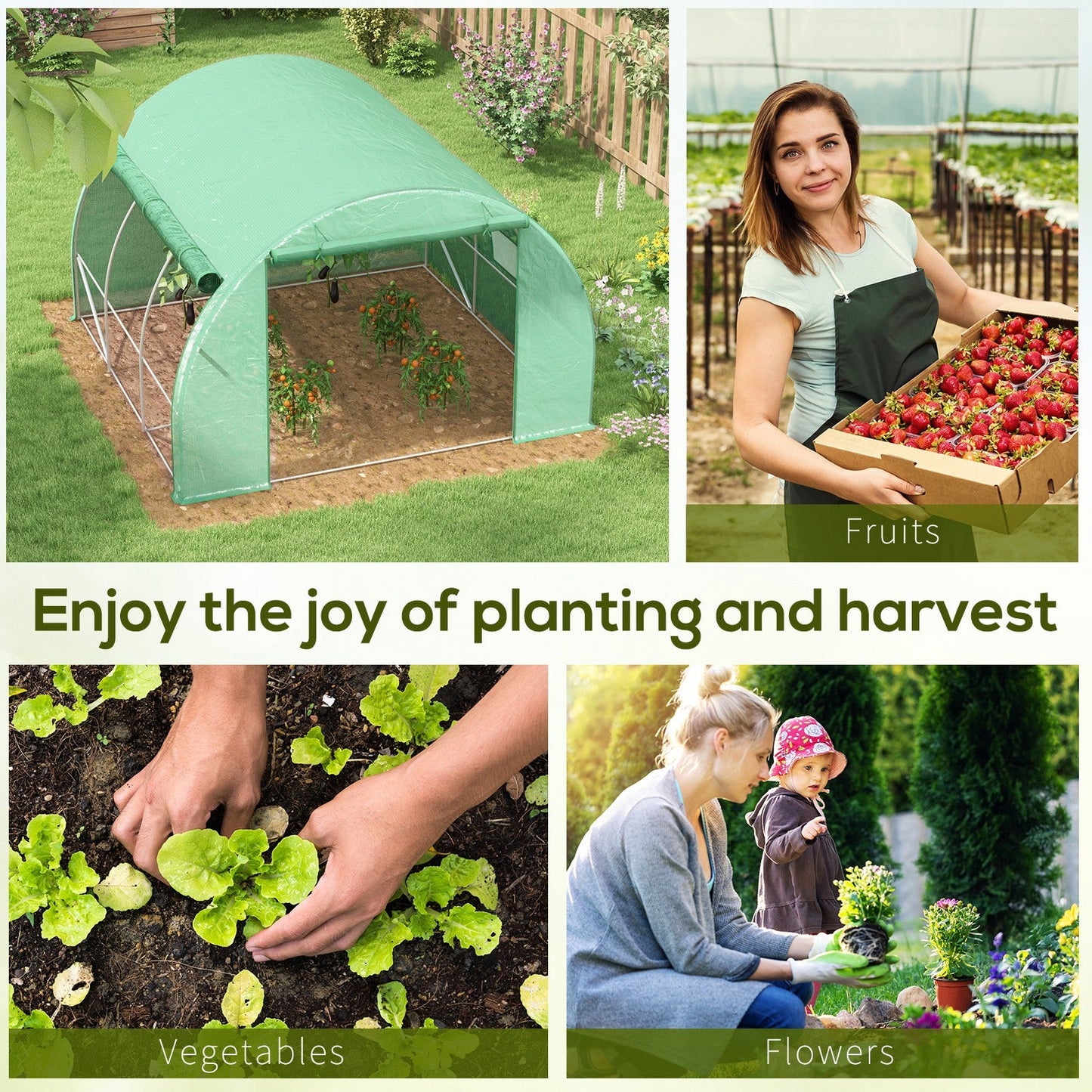 3 x 3 x 2 m Polytunnel Greenhouse with Roll-up Side Walls, Walk-in Grow House Tent with Steel Frame, Reinforced Cover, Zipped Door and 6 Mesh Windows for Garden, Green